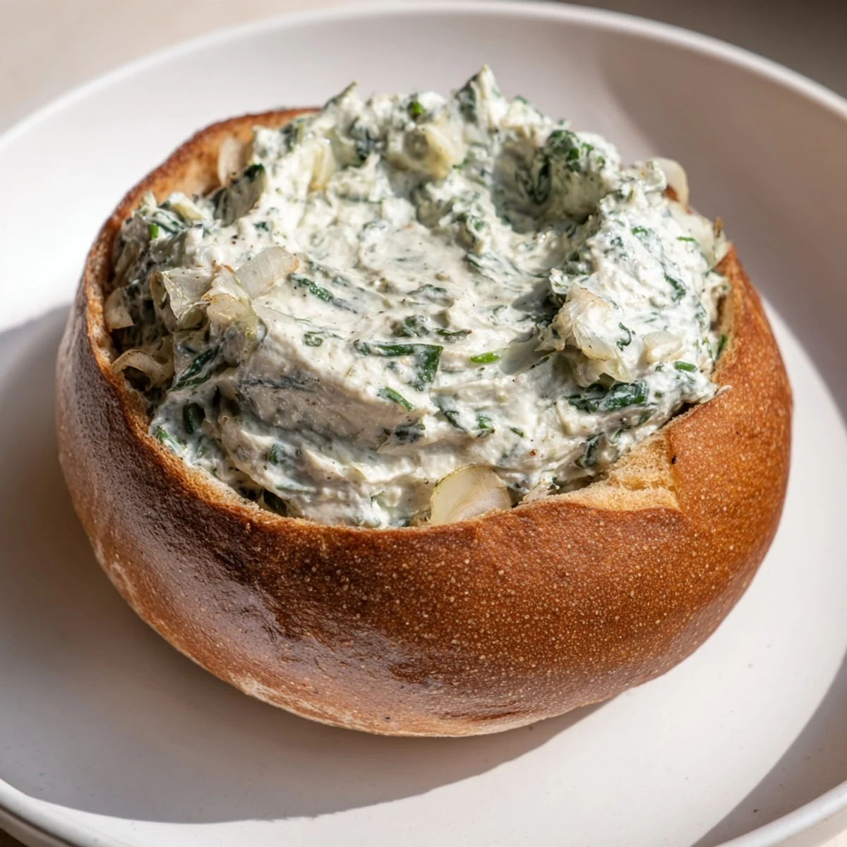 Close-up of the best spinach dip ever in a bread bowl, surrounded by fresh vegetable dippers.