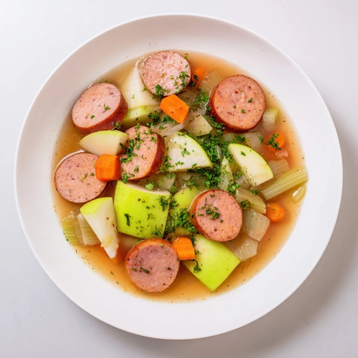 A comforting close-up view of the savory Stovetop Sausage, Celery, and Apple Hotpot, ready to be served.
