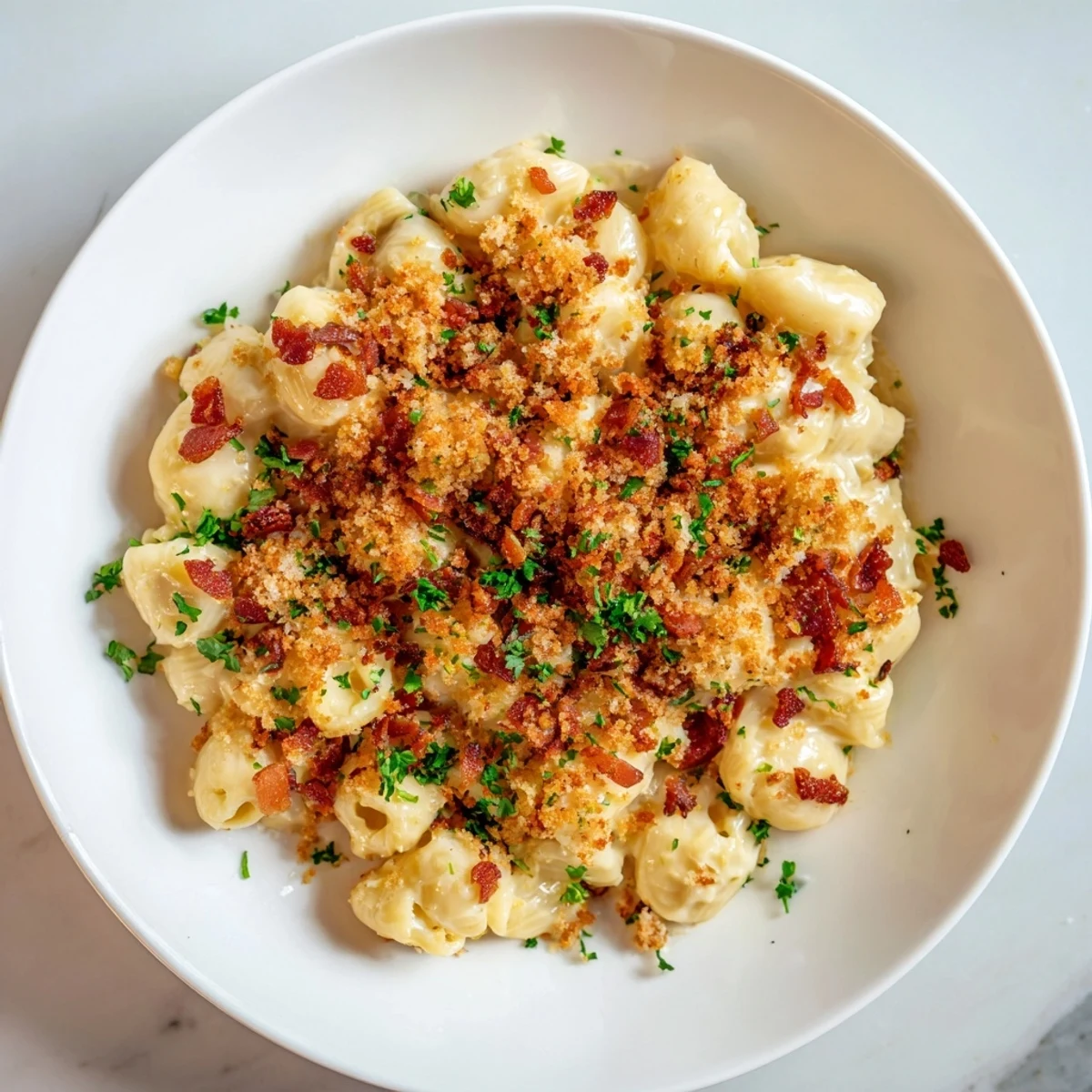Golden, bubbly sheet pan mac and cheese with crispy bacon crumbles, ready to be devoured.