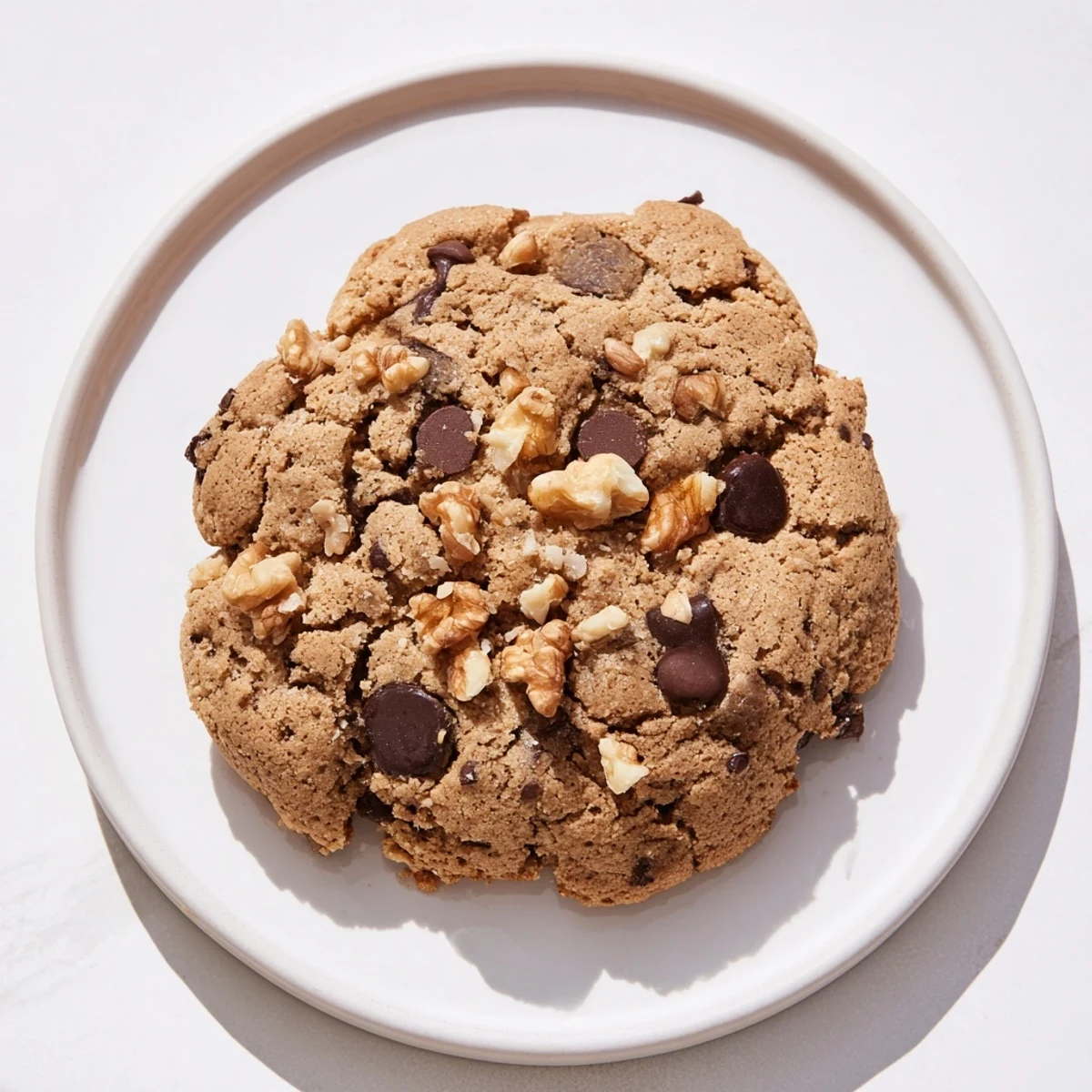 Warm, chewy protein chocolate chip cookies with chocolate chips, ready to enjoy after cooling.