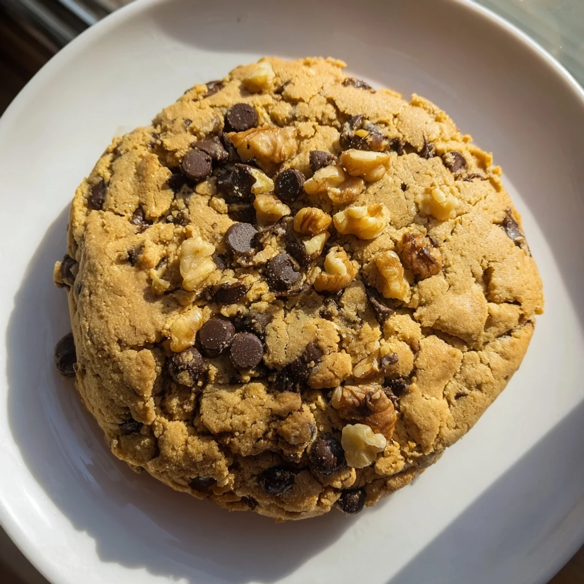 Golden-brown chewy protein chocolate chip cookies, fresh from the oven, offering a delicious treat.