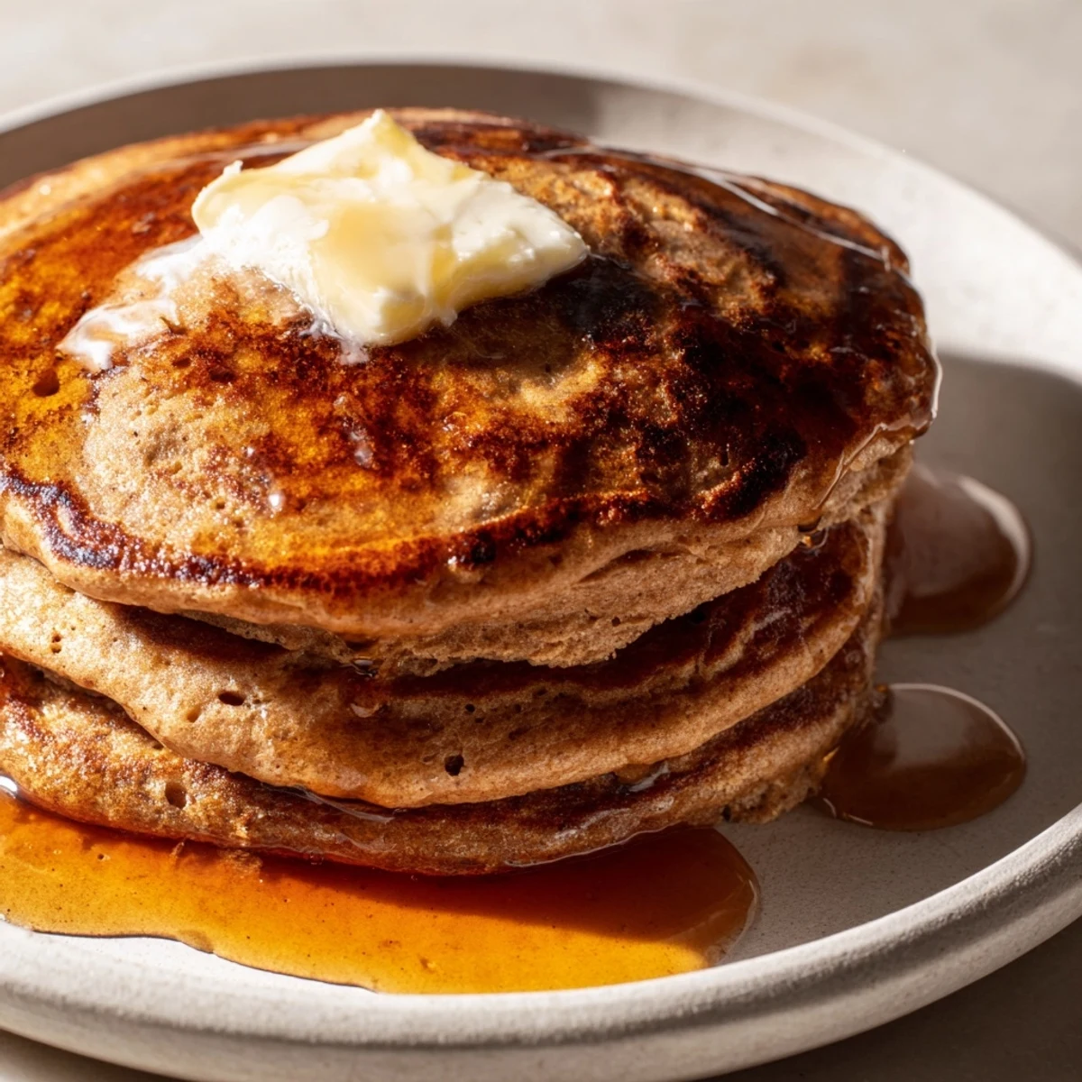 Homemade gingerbread pancakes with a light dusting of powdered sugar, offering a taste of the holidays.