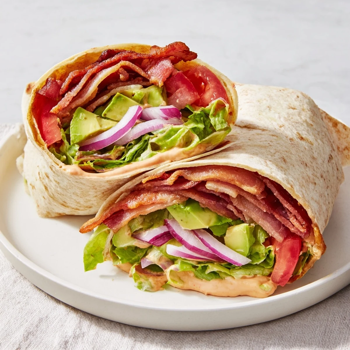 Crispy bacon and fresh veggies create delicious Zesty BLT Wraps, perfect for a quick lunch.
