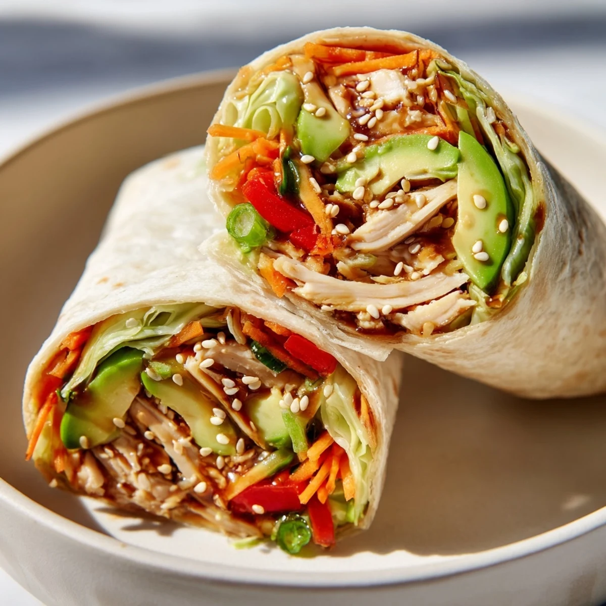 Freshly assembled teriyaki chicken wrap, showing off juicy chicken slices and vibrant ingredients.