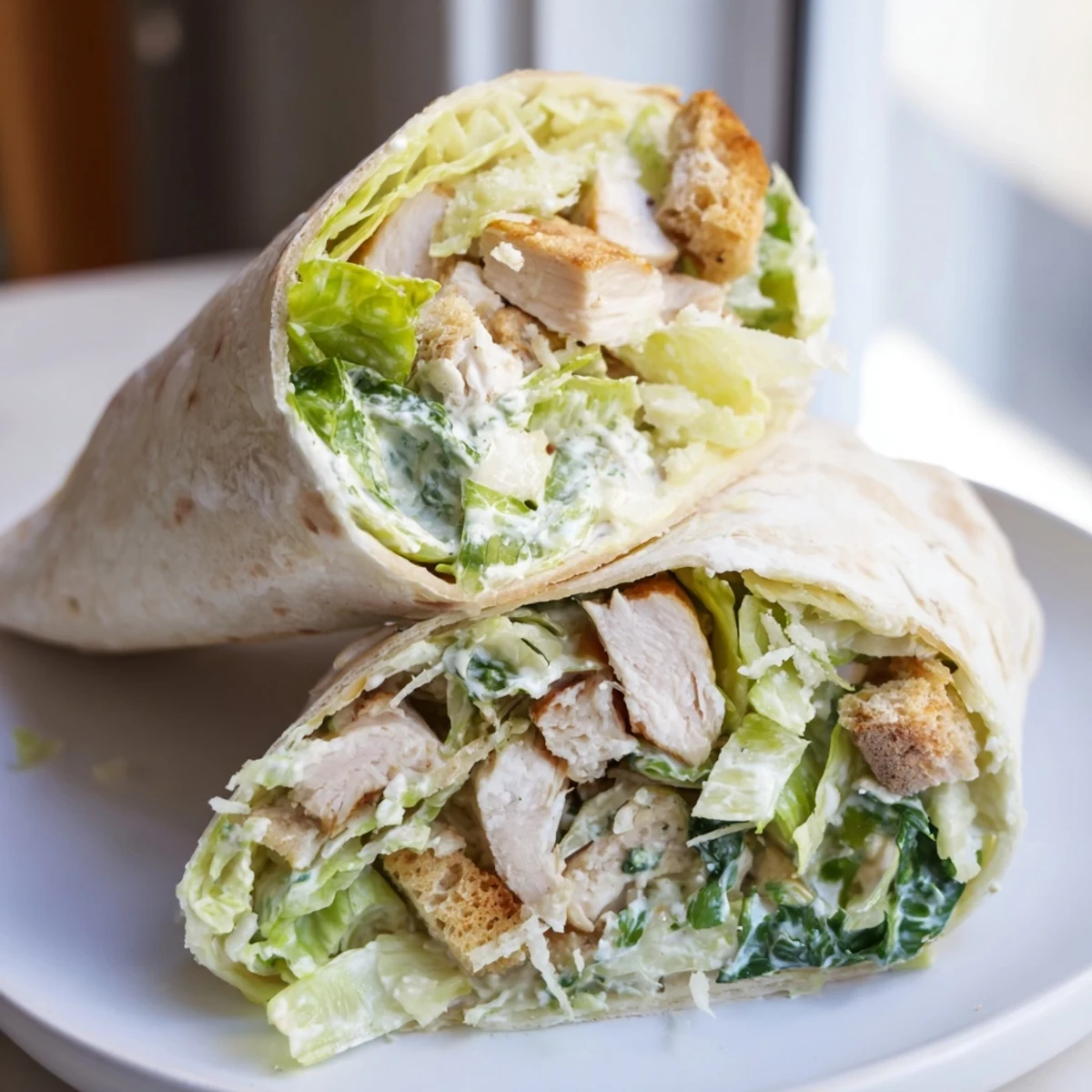 Chicken Caesar Wraps are shown, filled with a generous Caesar salad mixture, ready to be rolled.