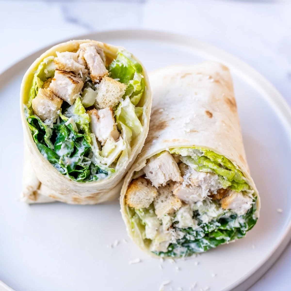 Freshly made Chicken Caesar Wraps, boasting visible crispy croutons and juicy chicken packed inside large tortillas.