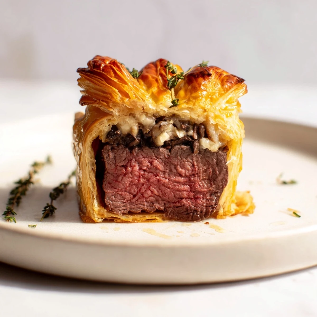 Golden, flaky Simplified Christmas Beef Wellington Bites, showcasing tender beef within perfectly baked pastry.