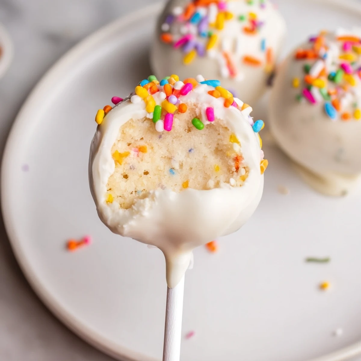 Imagine bite-sized Lightened-Up Sugar Cookie Cake Pops, coated in white chocolate, ready to be enjoyed.