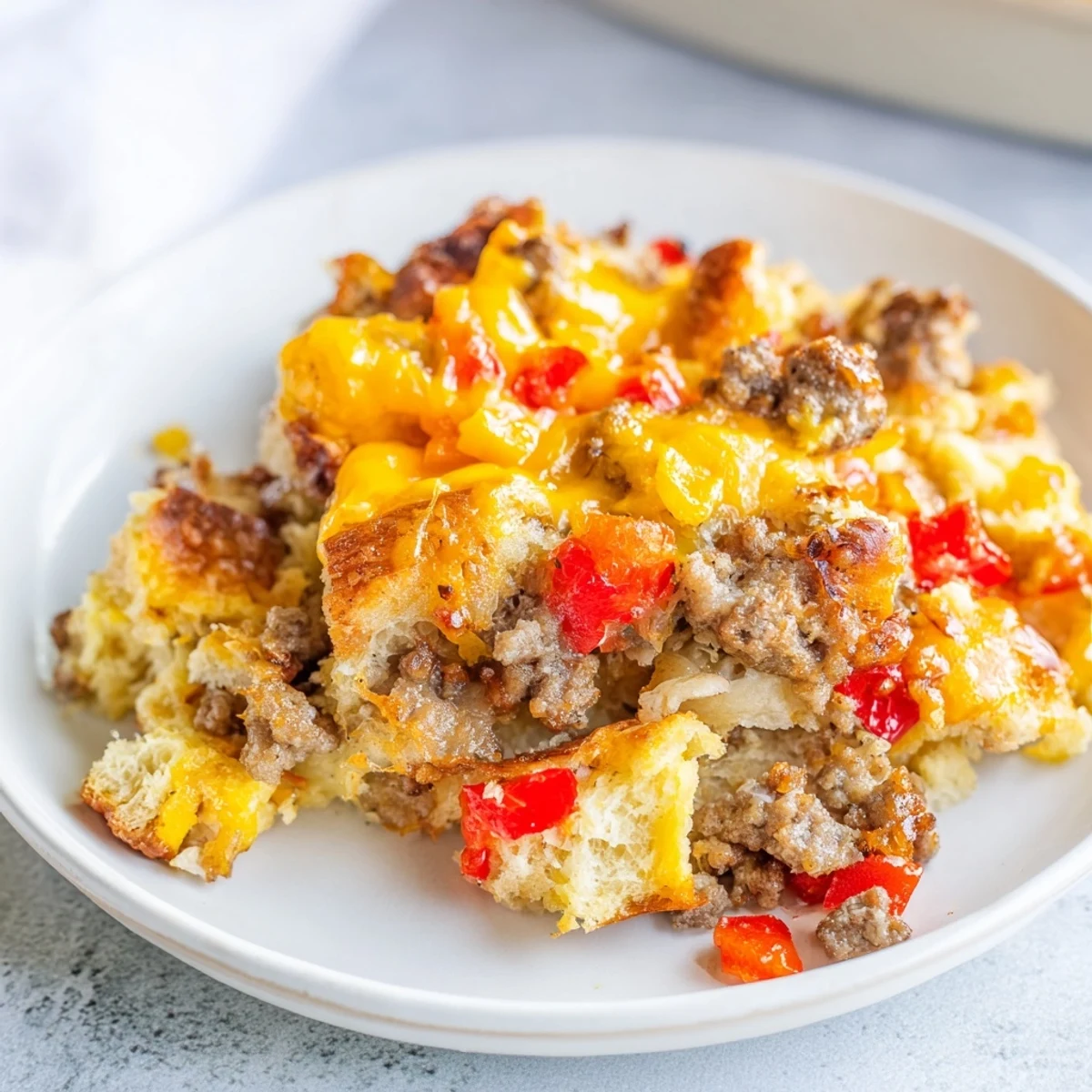 Golden-brown Lightning-Fast Breakfast Sausage Casserole, bubbly cheese, ready to serve with fresh salsa.