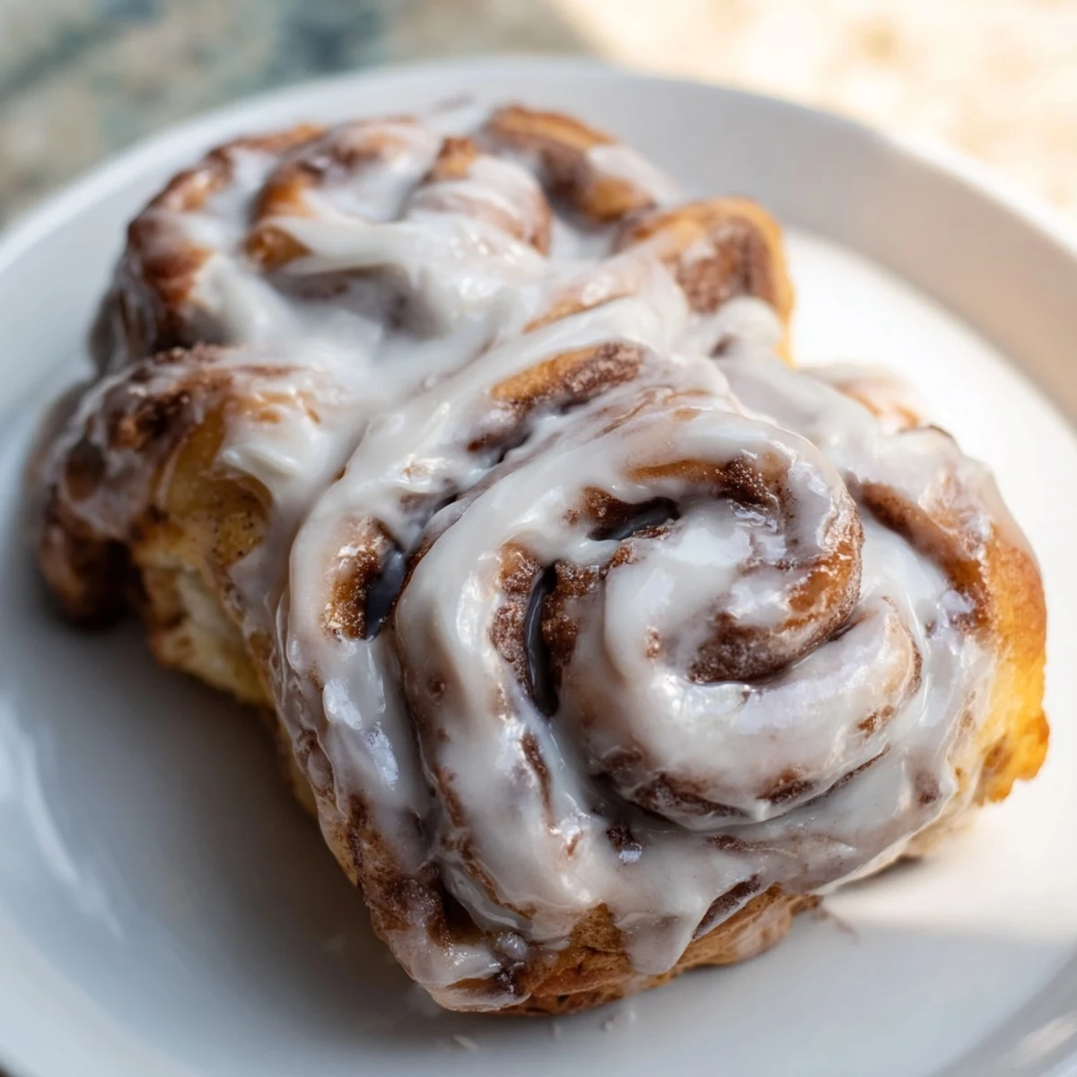 Fluffy Viral TikTok Heavy Cream Cinnamon Rolls glistening with rich cream cheese icing, perfect for dessert.