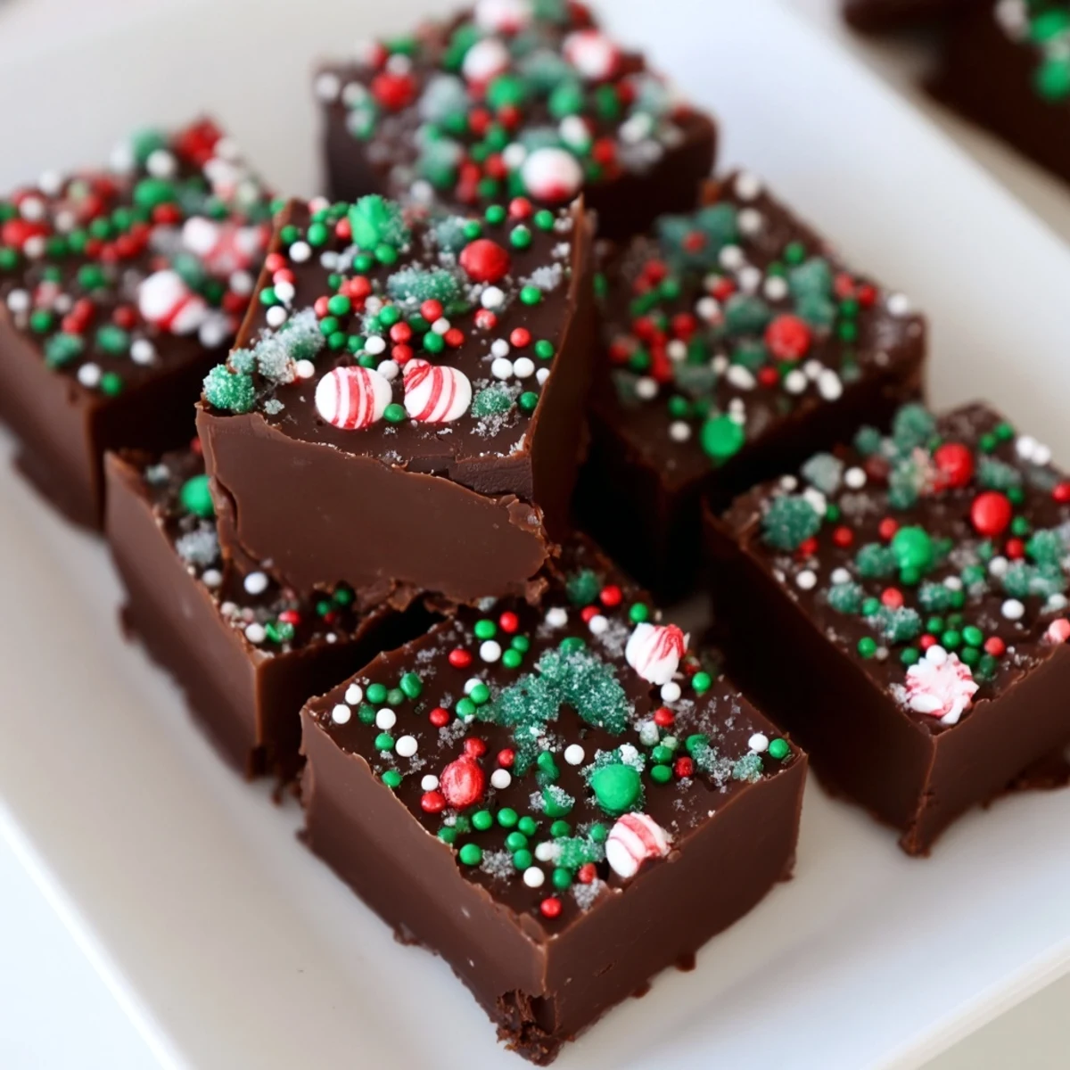 Creamy, rich 3-Ingredient Christmas Fudge Squares, sprinkled with festive red and green candies, ready to enjoy.