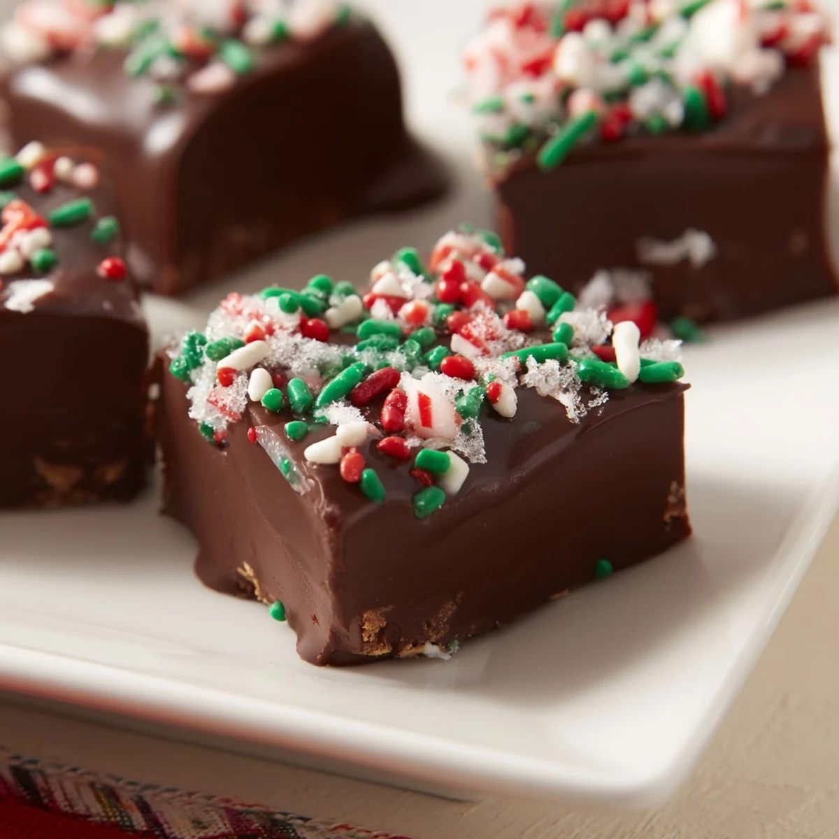 Close-up photo of delicious 3-Ingredient Christmas Fudge Squares, showcasing the smooth, chocolatey texture.