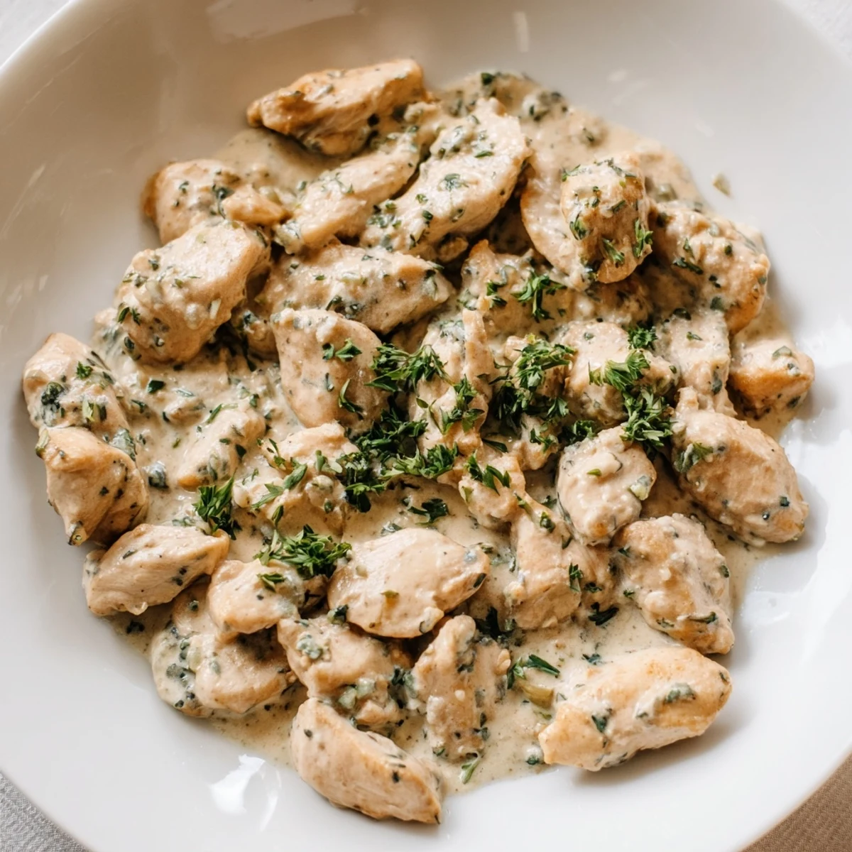 Enjoy a comforting plate of Lighter Creamy Tarragon Chicken, served with fresh herbs for a flavorful dinner.
