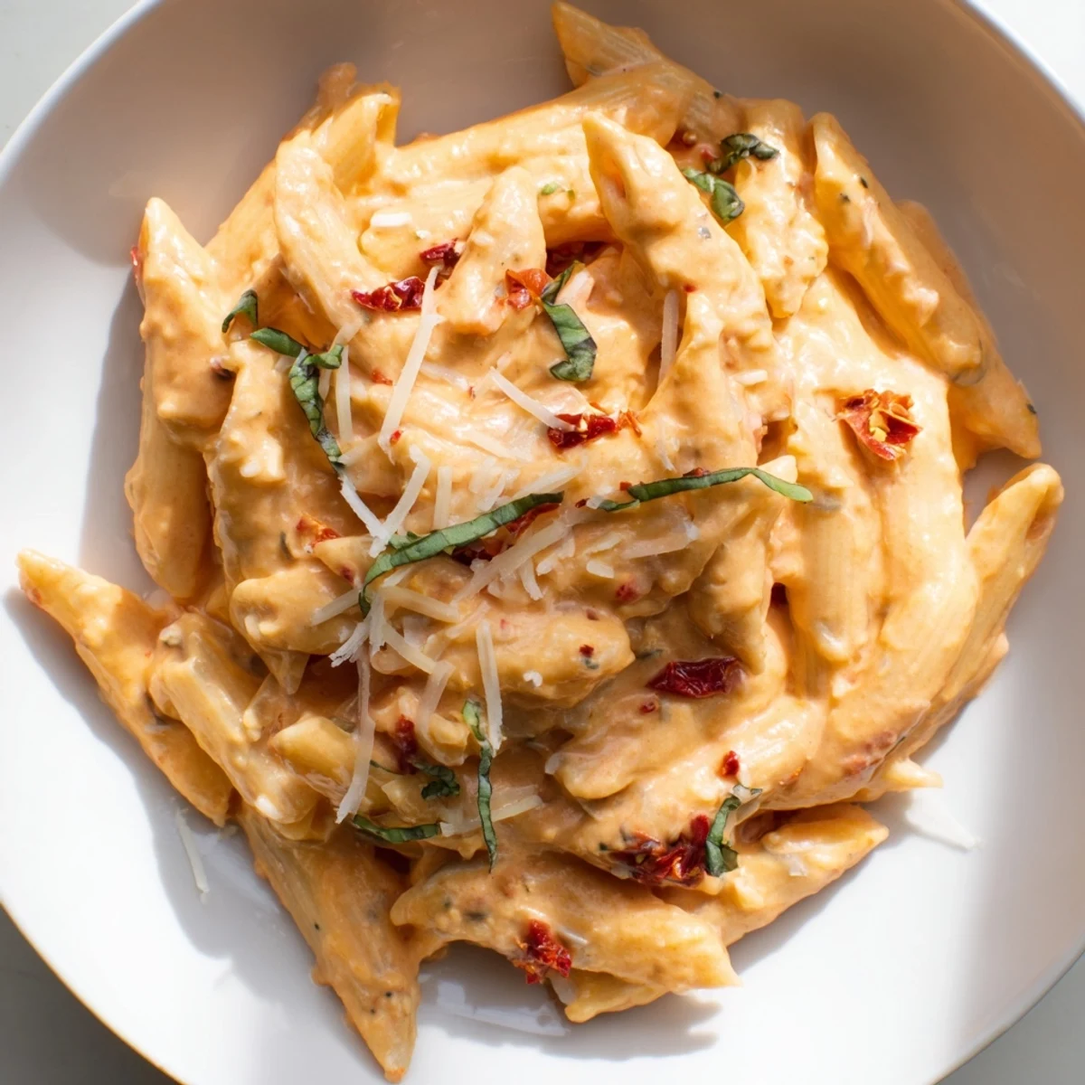 A bowl of creamy Sun-Dried Tomato & Cottage Cheese Pasta Sauce, vibrant and rich with basil.