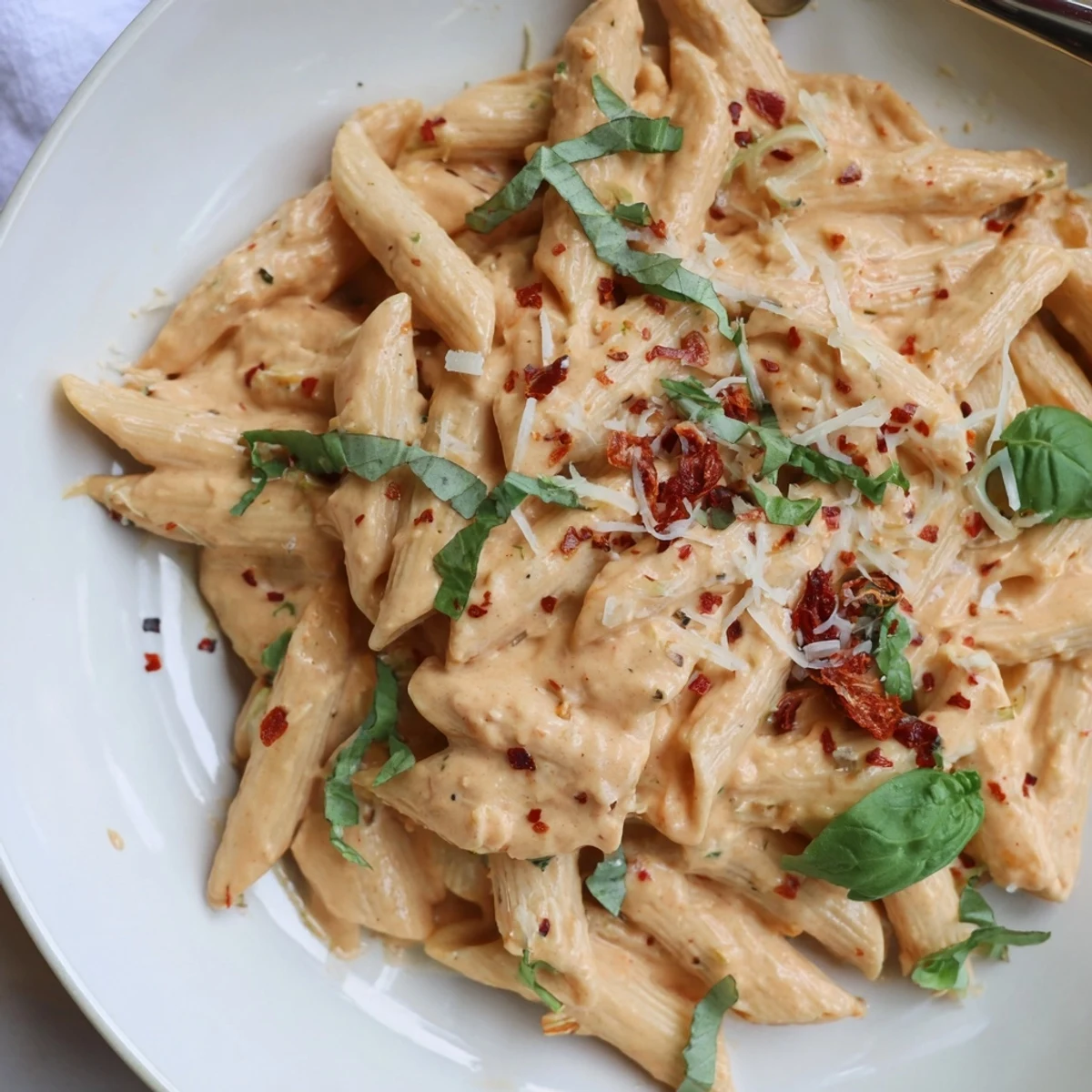 This close-up displays the smooth, red Sun-Dried Tomato & Cottage Cheese Pasta Sauce tossed with pasta.