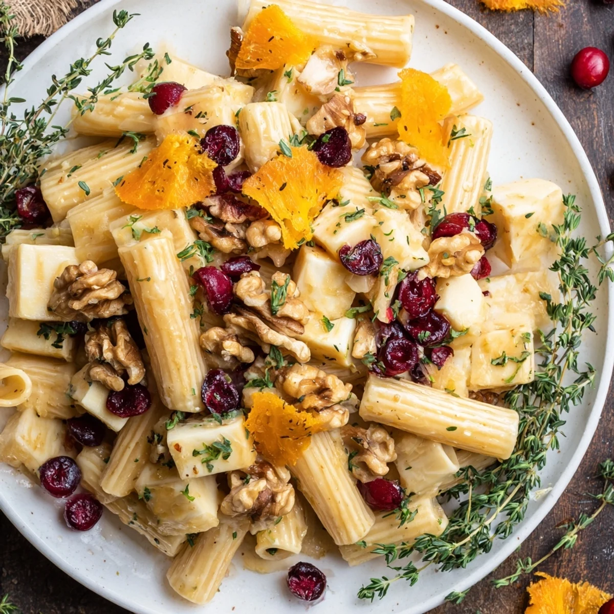Golden, bubbling Baked Brie & Cranberry Pasta, perfect for a cozy, festive vegetarian dinner.
