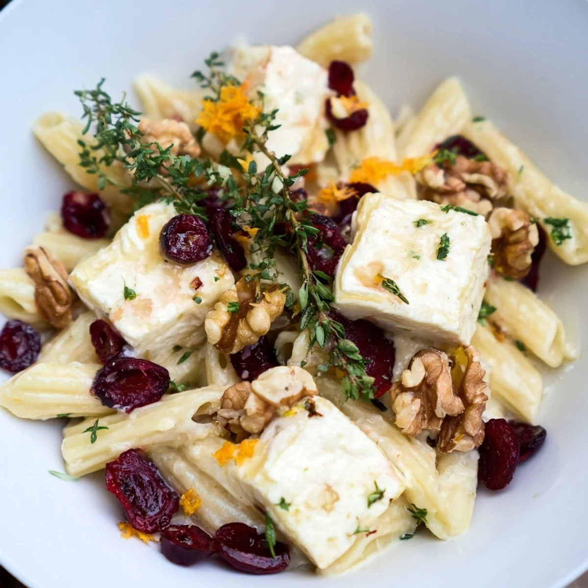 Close-up of Baked Brie & Cranberry Pasta showing melted cheese, cranberries, and toasted walnuts.