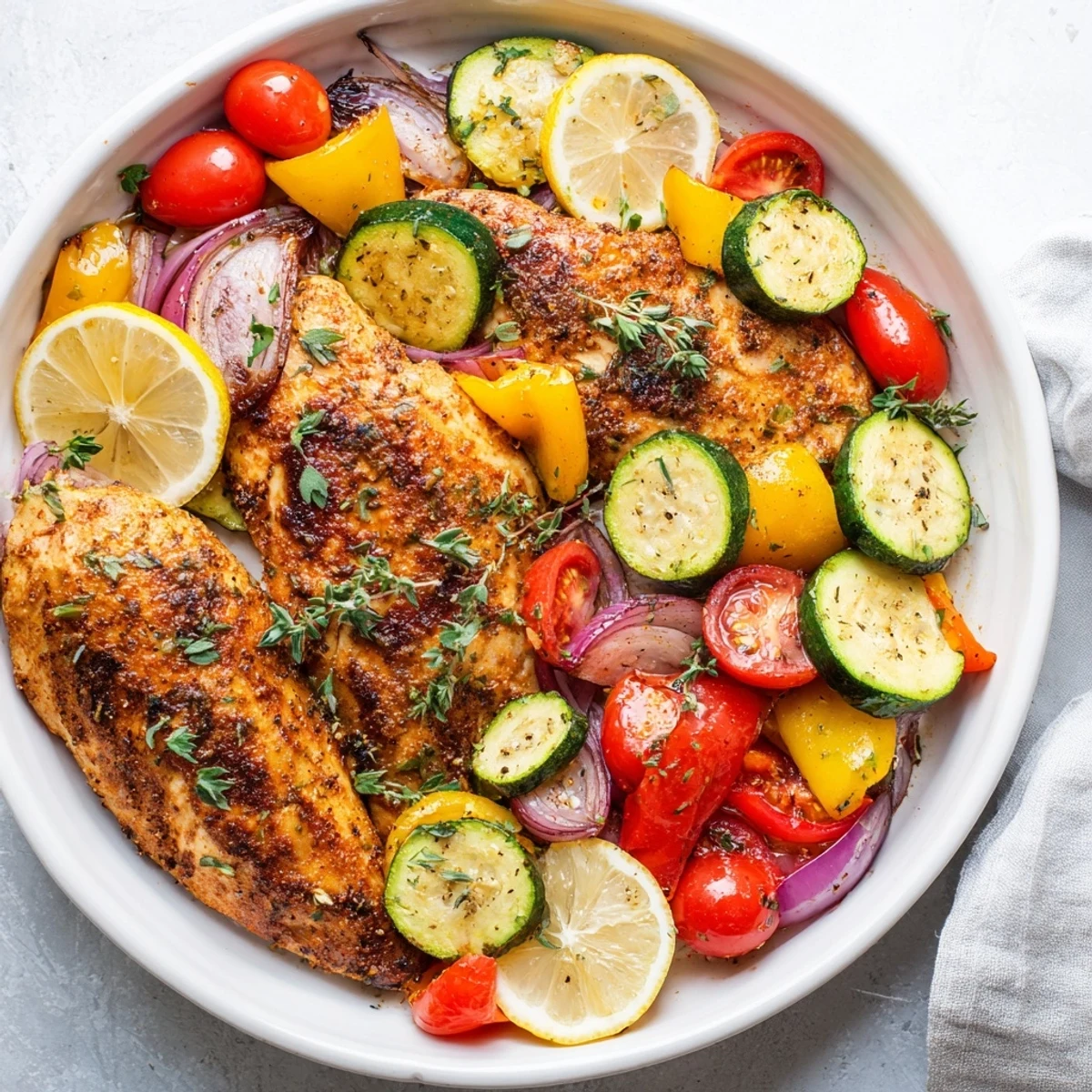 Sheet pan lemon oregano chicken cutlets with roasted vegetables, a healthy Mediterranean meal.