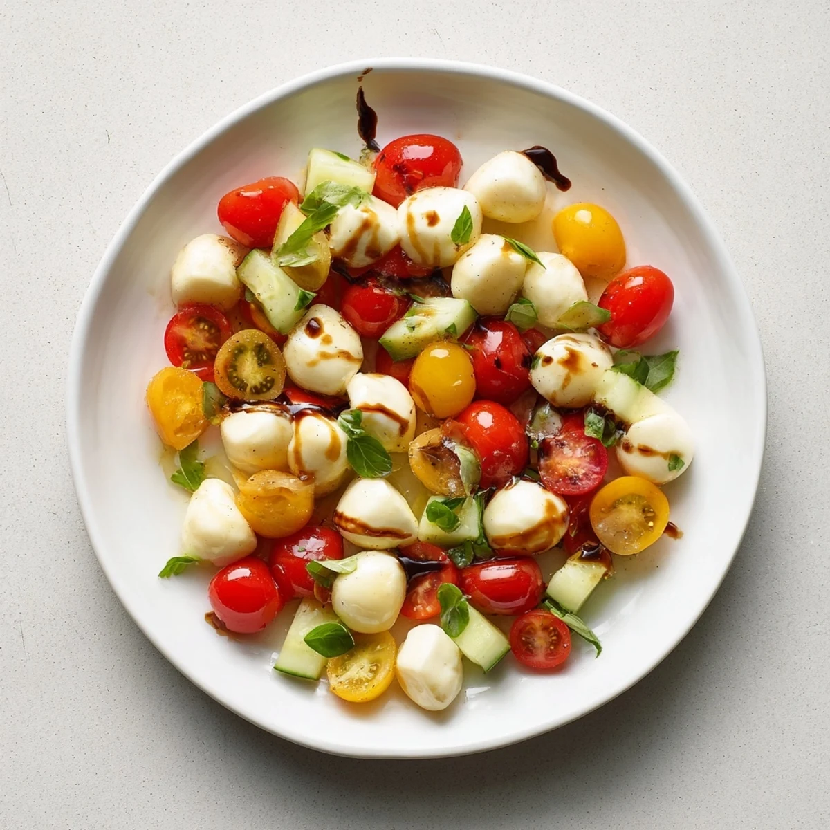 Vibrant Simple Holiday Chopped Caprese Salad, a colorful mix of tomatoes, mozzarella, and basil, ready to serve.