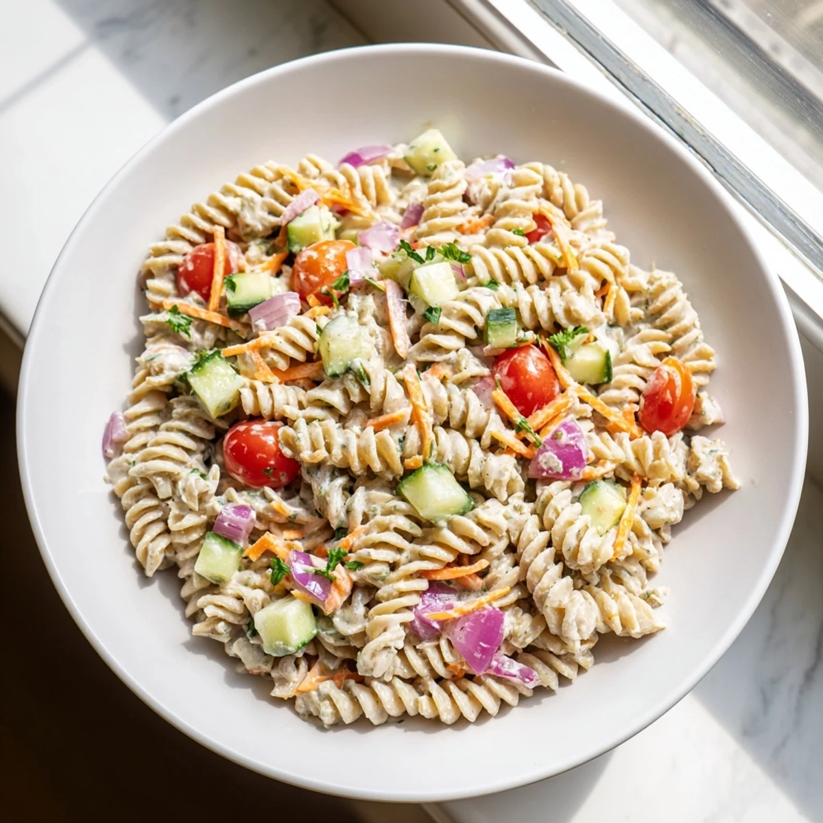 Vibrant Vegan Hemp Seed Ranch Pasta Salad, loaded with fresh veggies, chilled and ready to enjoy.