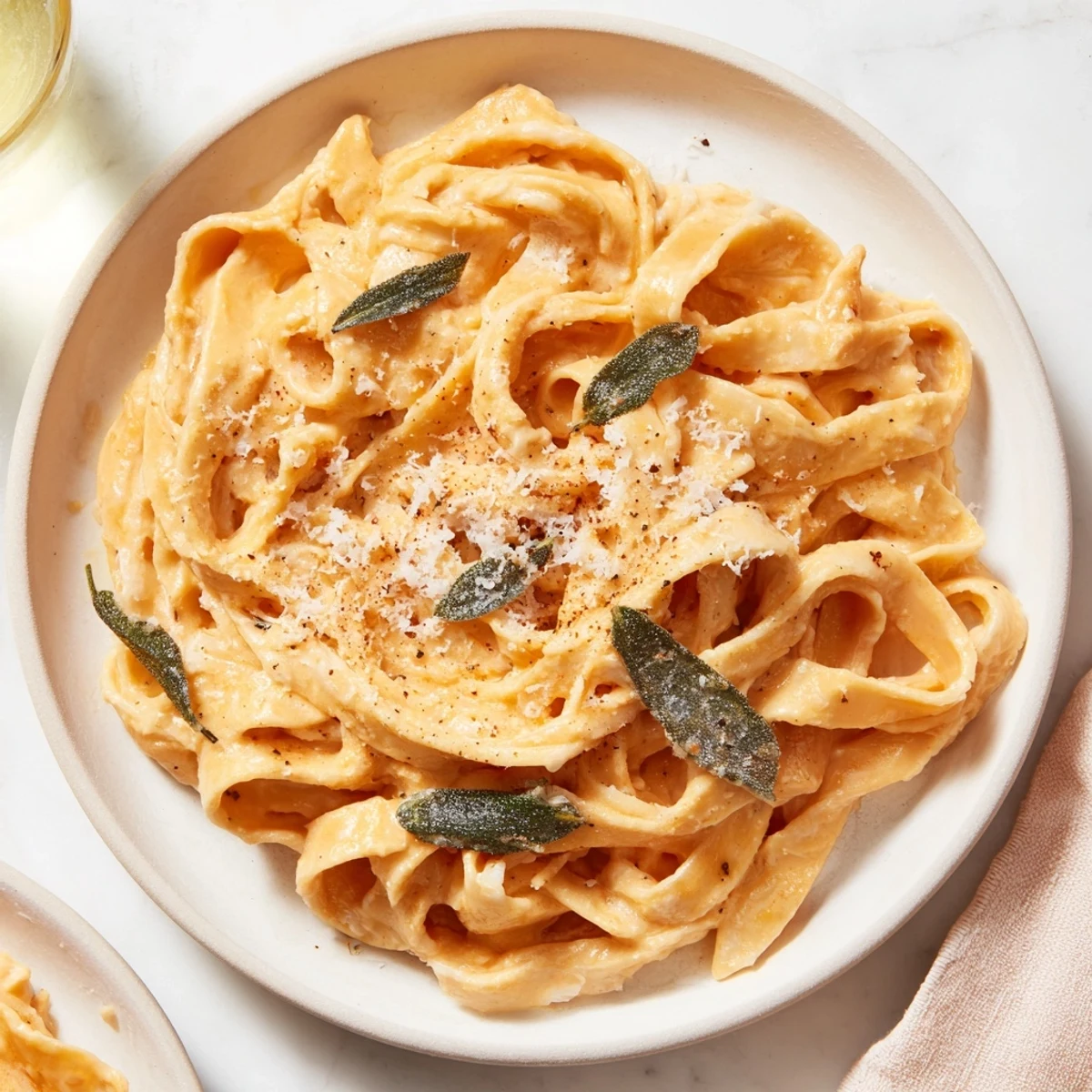 A photo shows a vibrant bowl of Healthy Creamy Pumpkin Sage Holiday Pasta, garnished with fresh herbs.