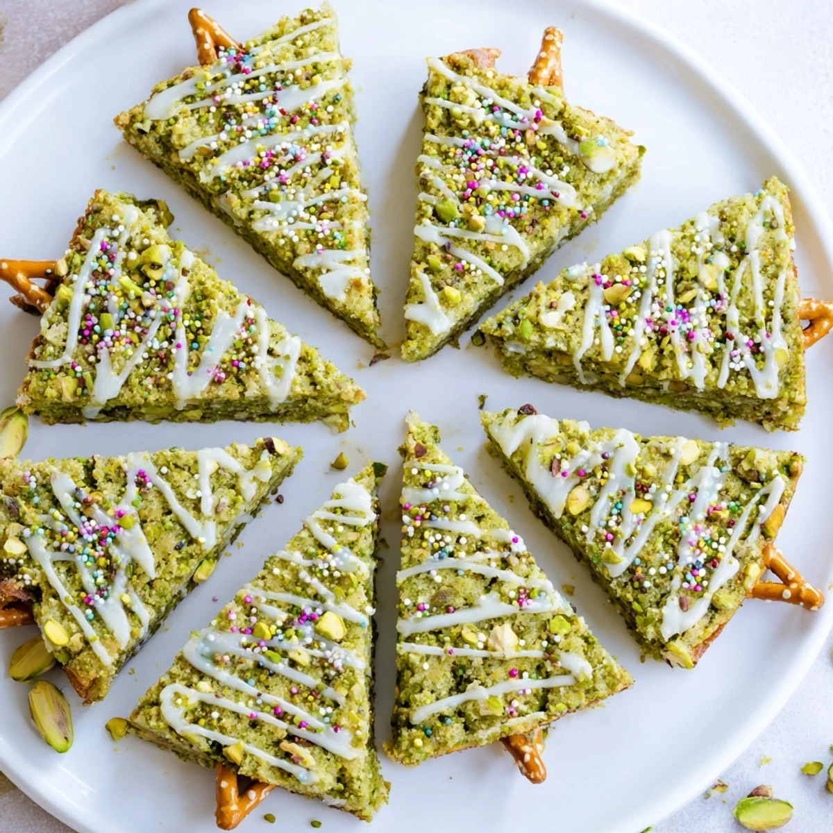 Earthy matcha green Matcha Pistachio Christmas Tree Blondie Bars are studded with pistachios creating a delicious holiday dessert.