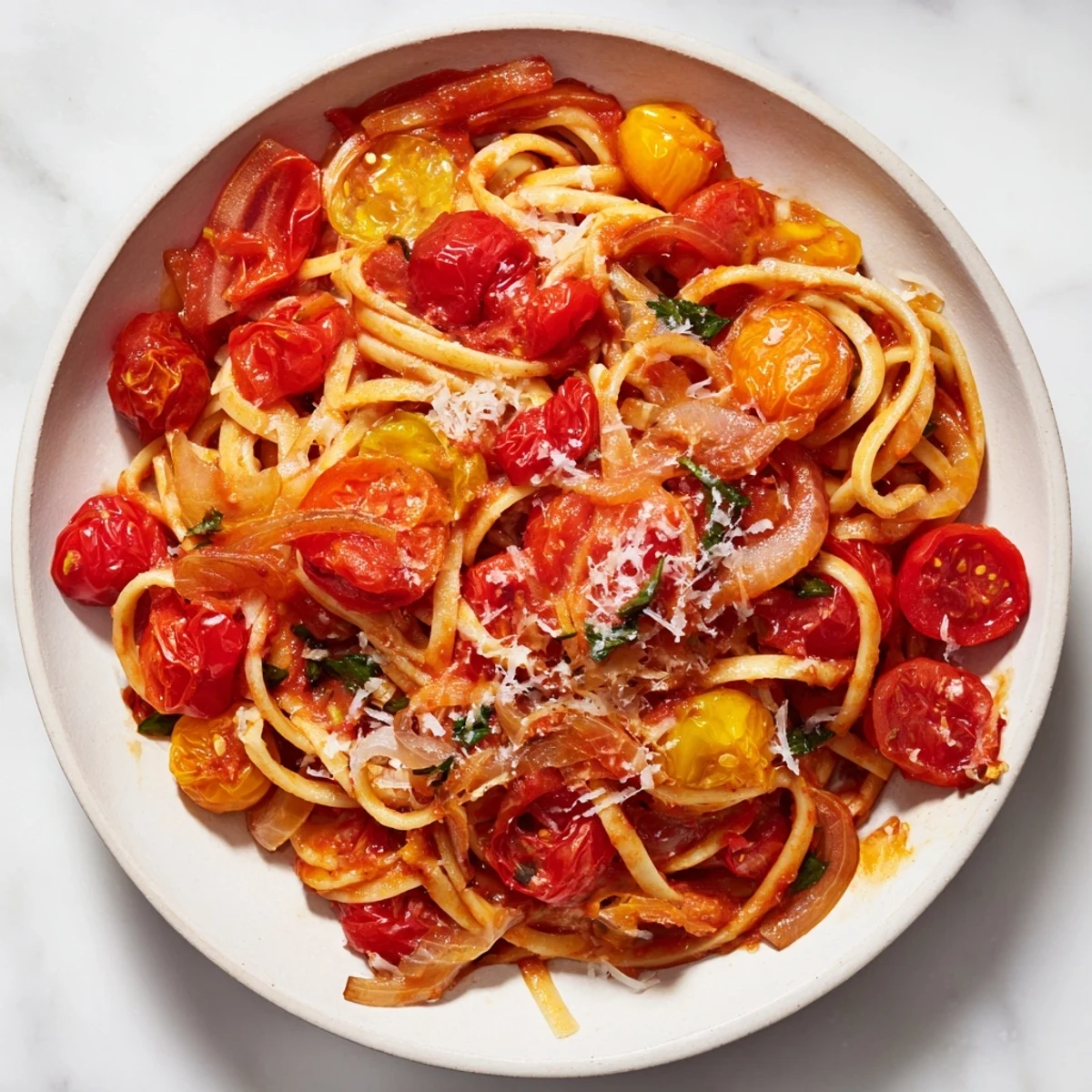Close-up of perfectly cooked Cozy Fireplace One-Pan Tomato Basil Pasta, ready to serve with wine.