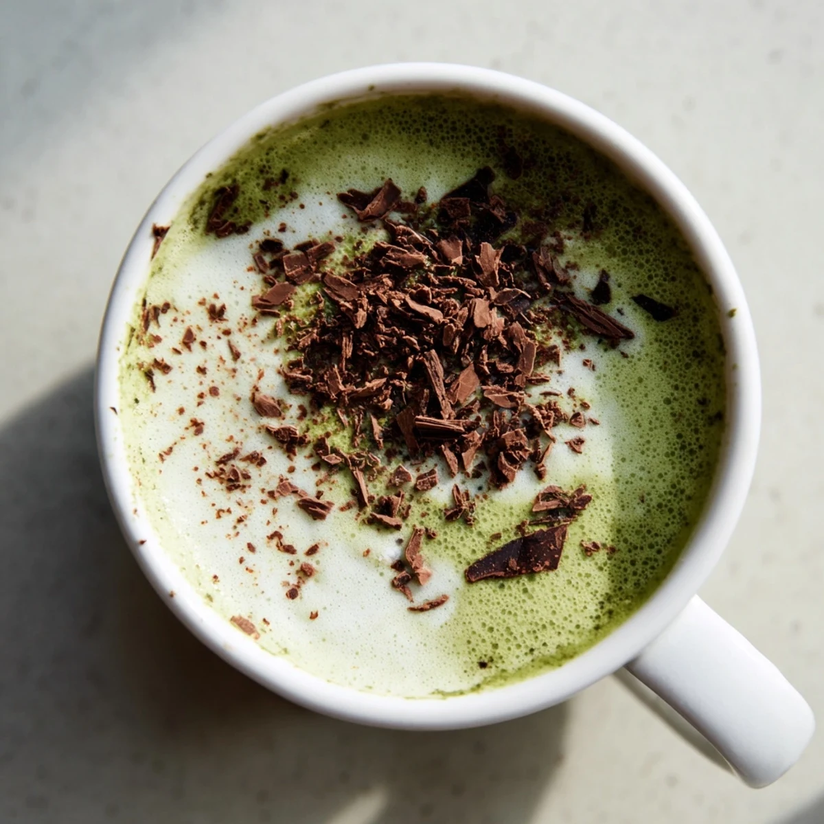 Steaming Collagen Peppermint Mocha Matcha Latte, a vibrant and frothy drink swirled in a white mug.