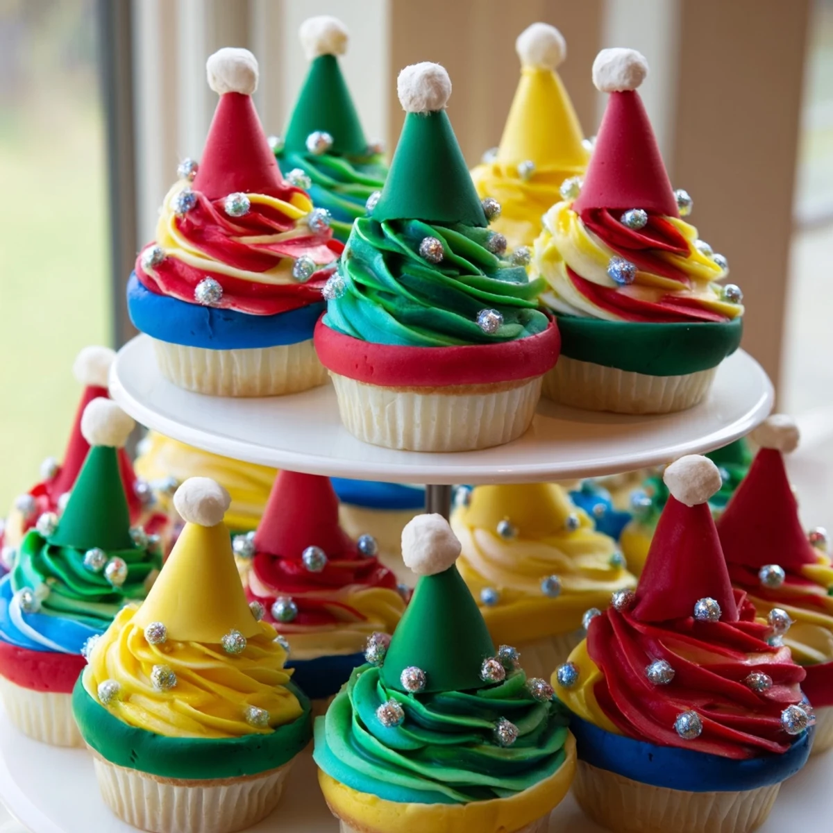 Festive Elf Hat Cupcakes decorated with colorful fondant hats, perfect for the holiday season.
