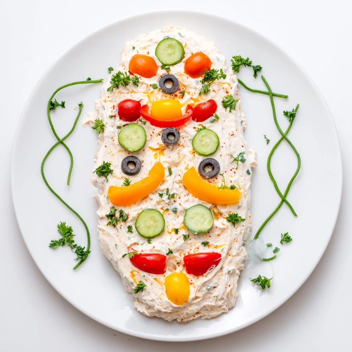 Vibrant Christmas Lights Appetizer Spread with colorful peppers and tomatoes on a creamy cheese base.