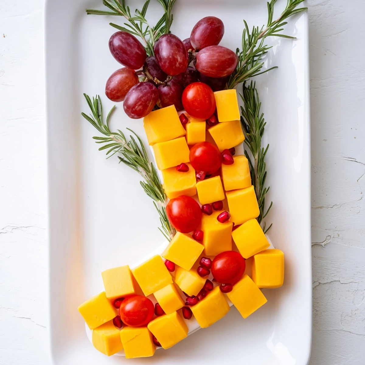 This visually appealing Christmas Stocking Snack Tray offers a variety of cheeses, crackers, and fruits for easy entertaining.