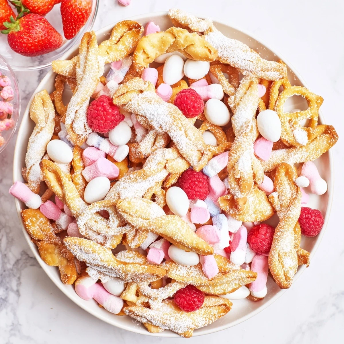 A beautiful array showcasing golden-fried Angel Wings candy alongside colorful fruit and sweets.