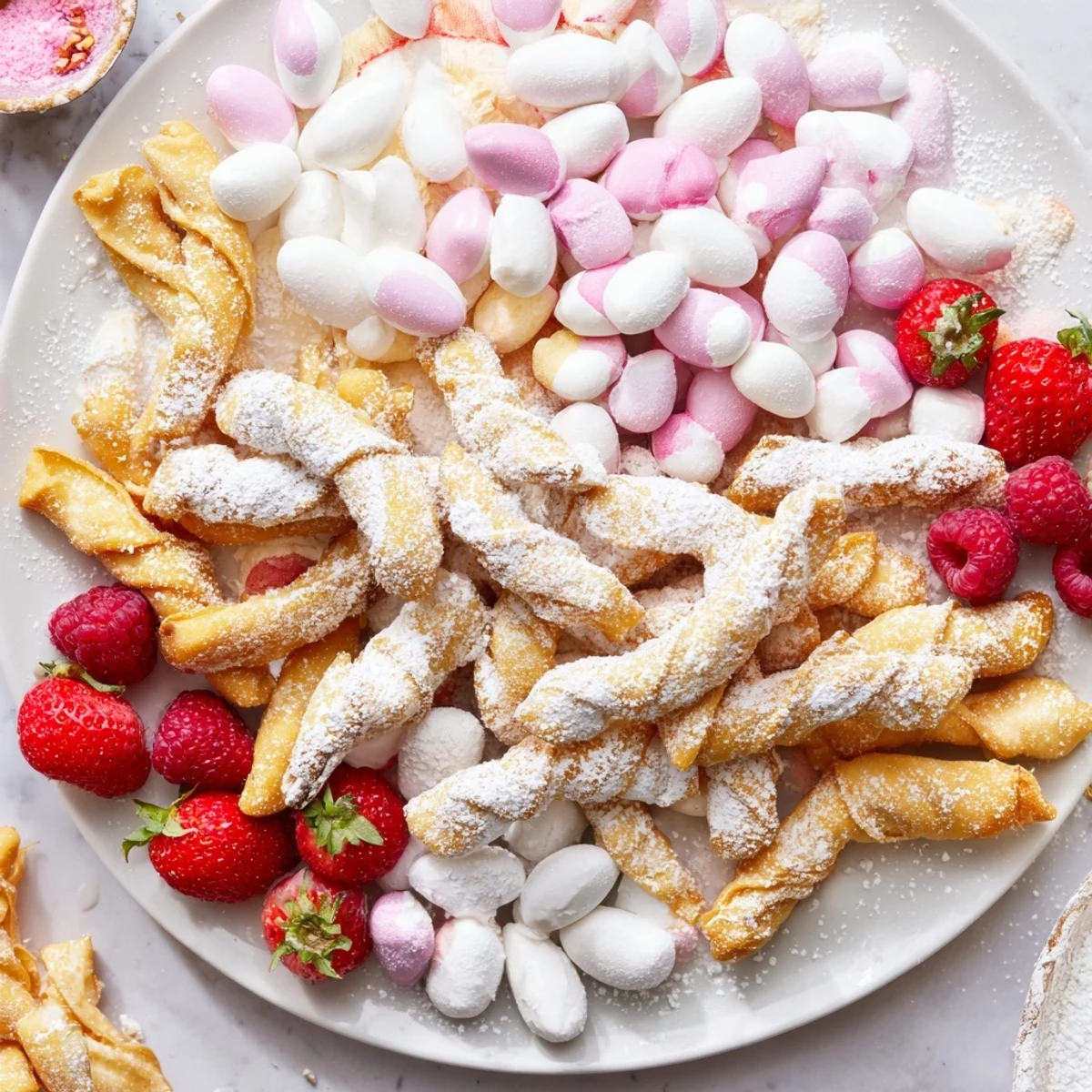 Dusty powdered sugar coats these crispy Angel Wings, an elegant dessert board perfect for a party.