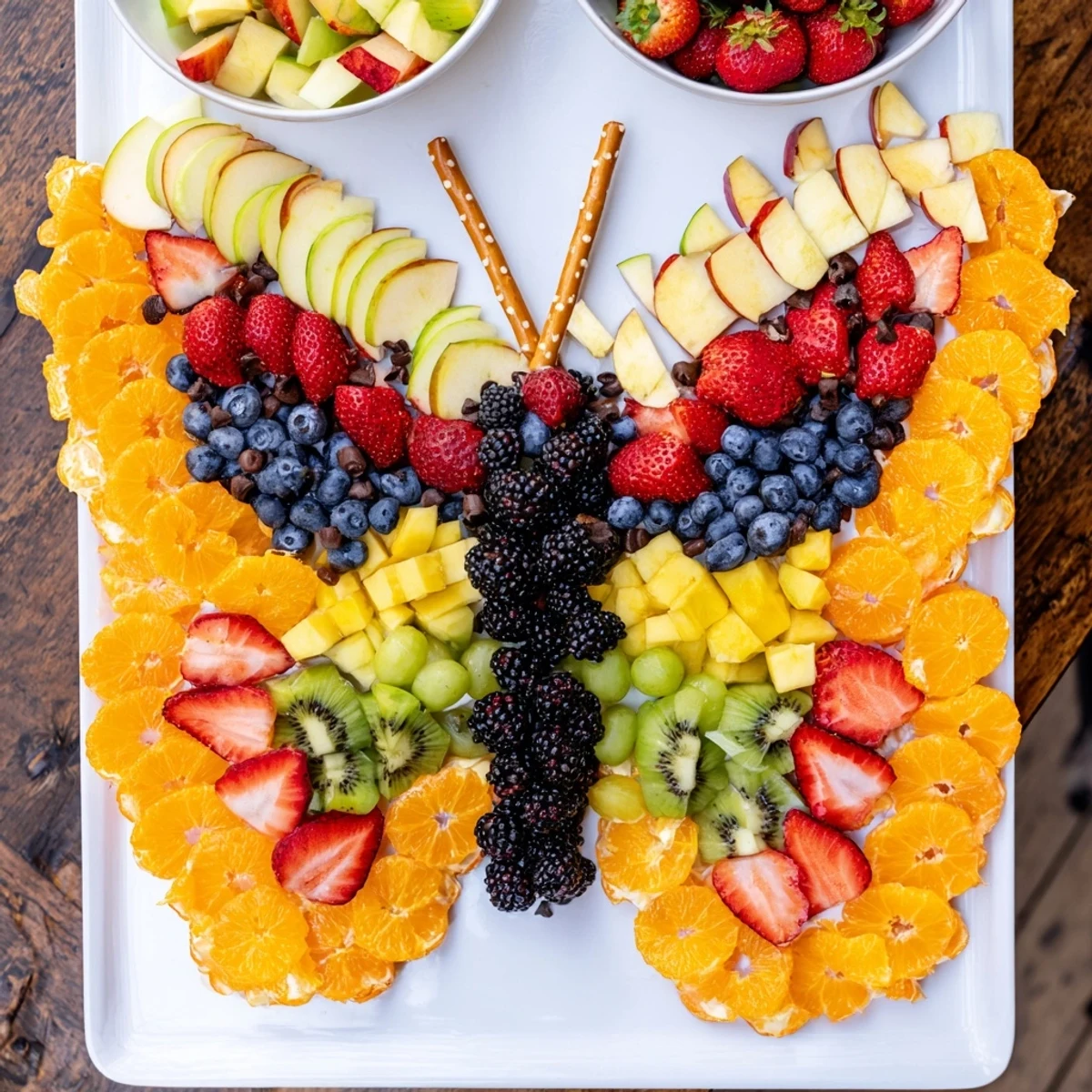 Monarch Magic Fruit Butterfly Tray: a colorful fresh fruit arrangement with orange slices and berries.