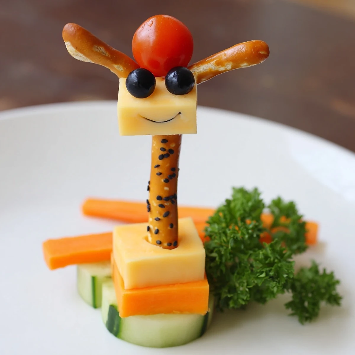 Vibrant Long-Necked Giraffe Snack Towers with pretzel necks, cherry tomato heads, and olive eyes, ready to devour!
