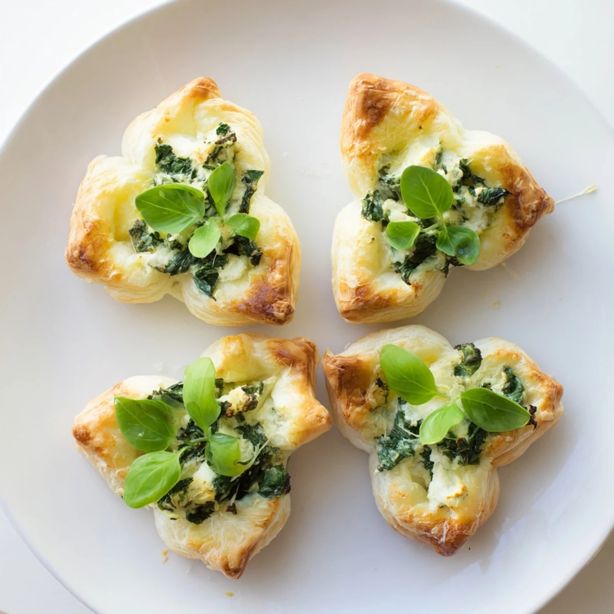 Golden, flaky Lucky Clover St. Patrick's Day Bites, filled with creamy spinach and cheese, ready to eat.