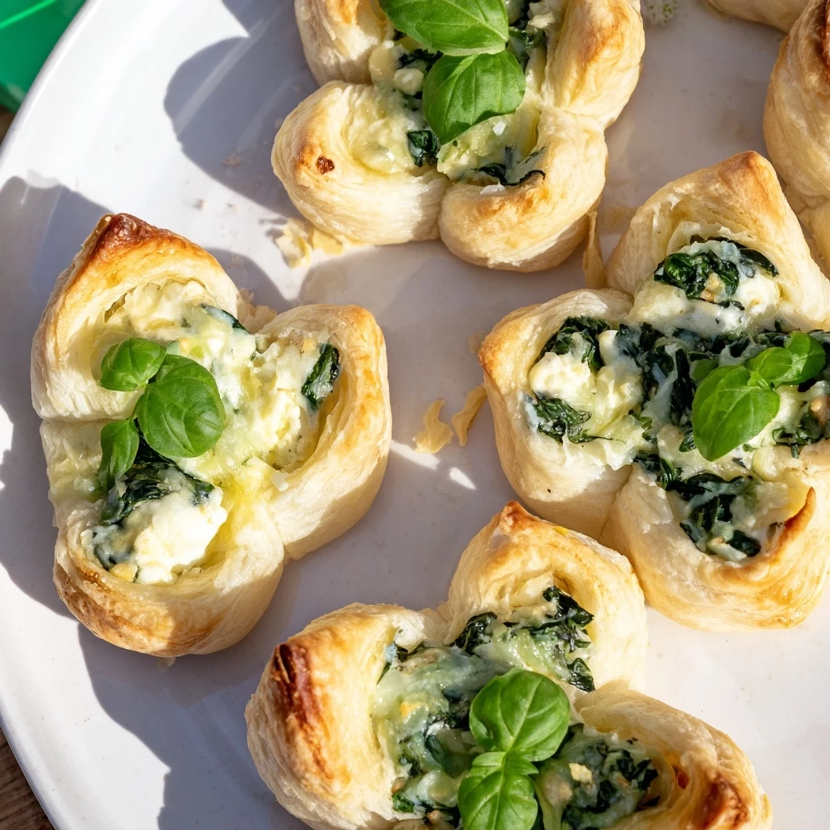 Savory, bite-sized Lucky Clover St. Patrick's Day Bites, with a golden pastry crust and cheesy filling.