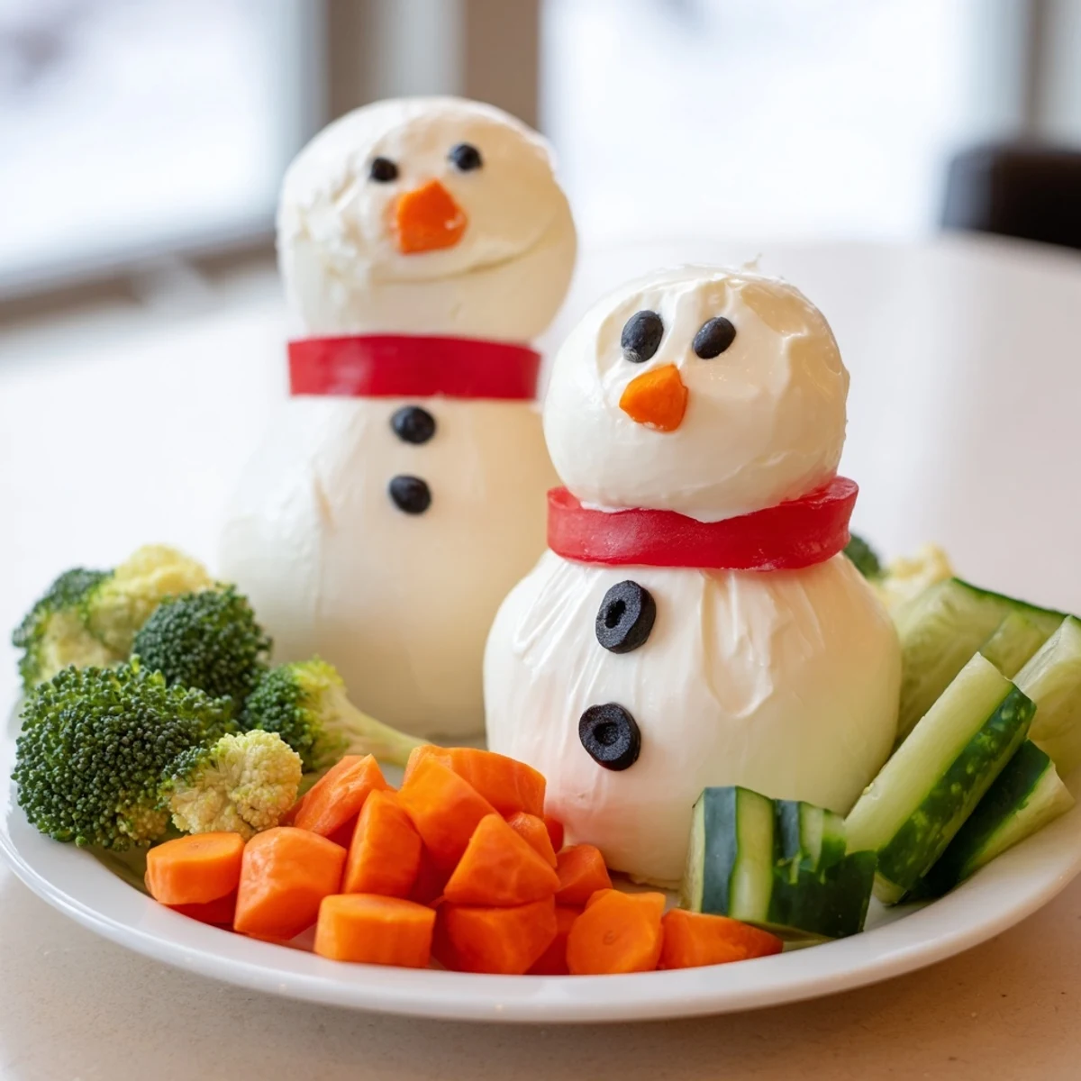 Snowman veggie dip platter with a cheerful snowman and colorful fresh vegetables.