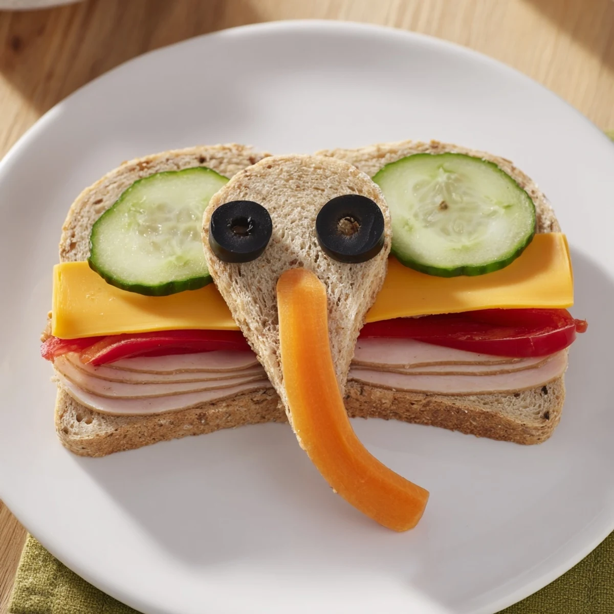 Homemade Big Top Elephant Sandwich Board: a cheerful platter of elephant sandwiches with olives, grapes, and popcorn.