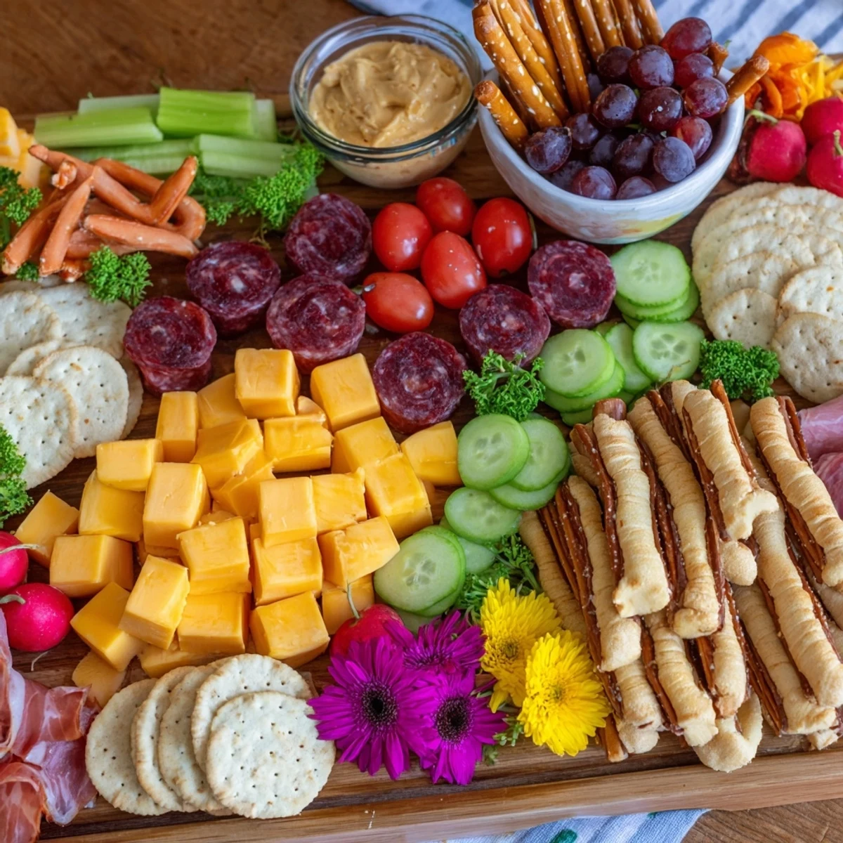 A vibrant Gallop & Graze Horse Charcuterie board overflowing with cheeses, meats, and fresh veggies.