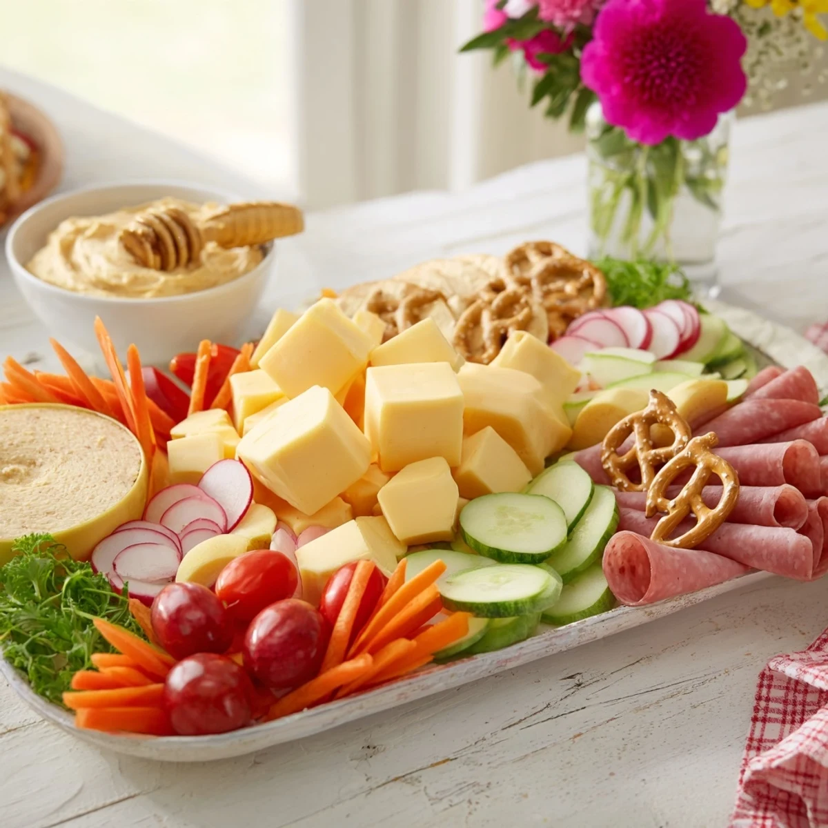 Enjoy the whimsical Gallop & Graze Horse Charcuterie, with pretzel jumps and chocolate horseshoes scattered about.