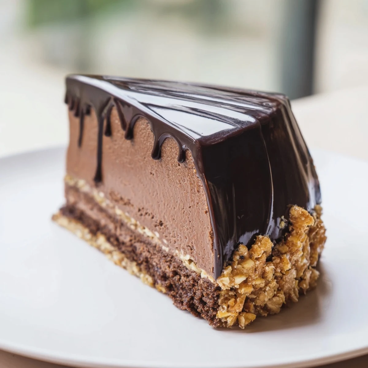 A gorgeous slice of "Plaisirs Sucrés Hibou de la Nuit" shows a rich layered dessert.