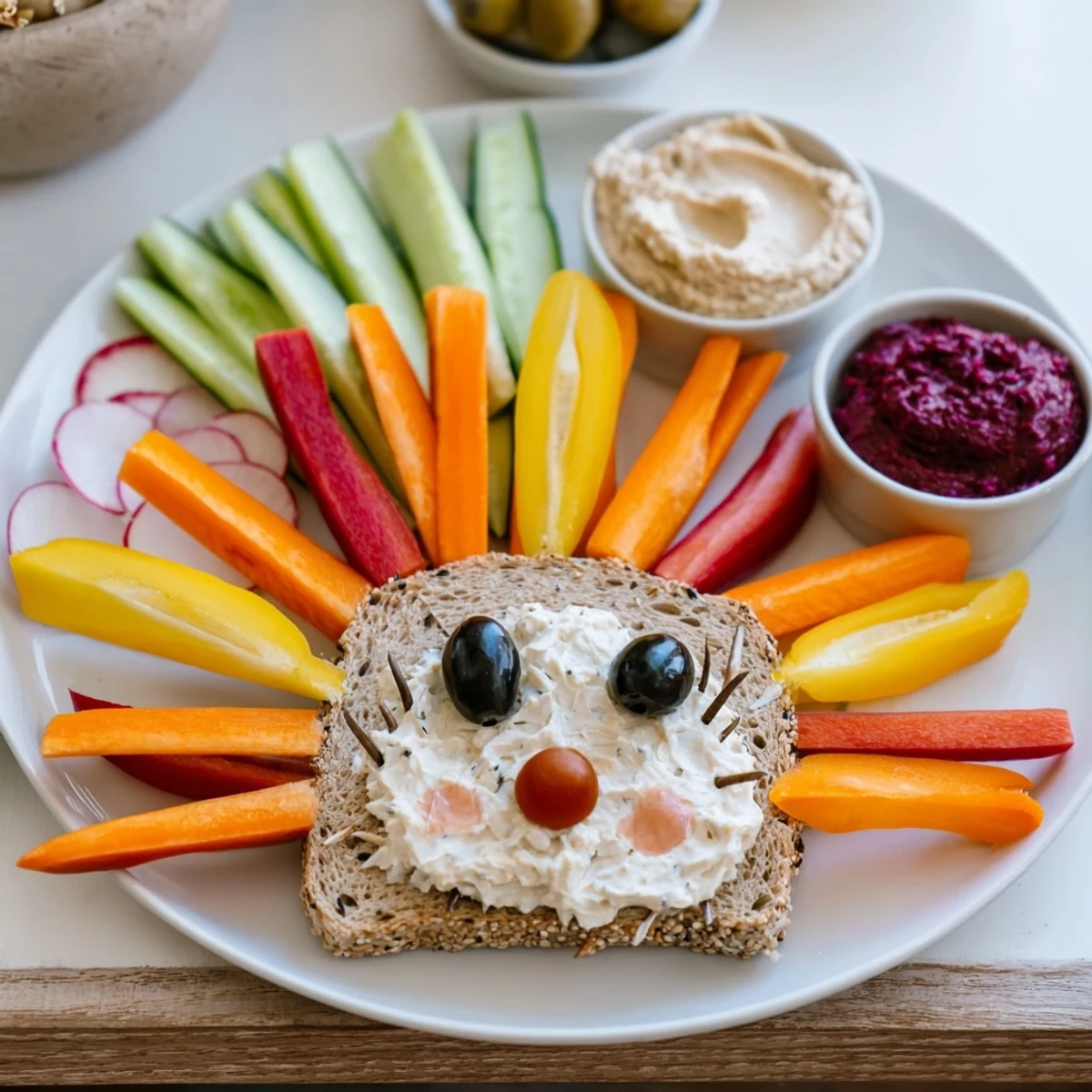 Savory Autumn Hedgehog Dip Platter featuring a charming hedgehog shape, perfect for fall parties and flavors.
