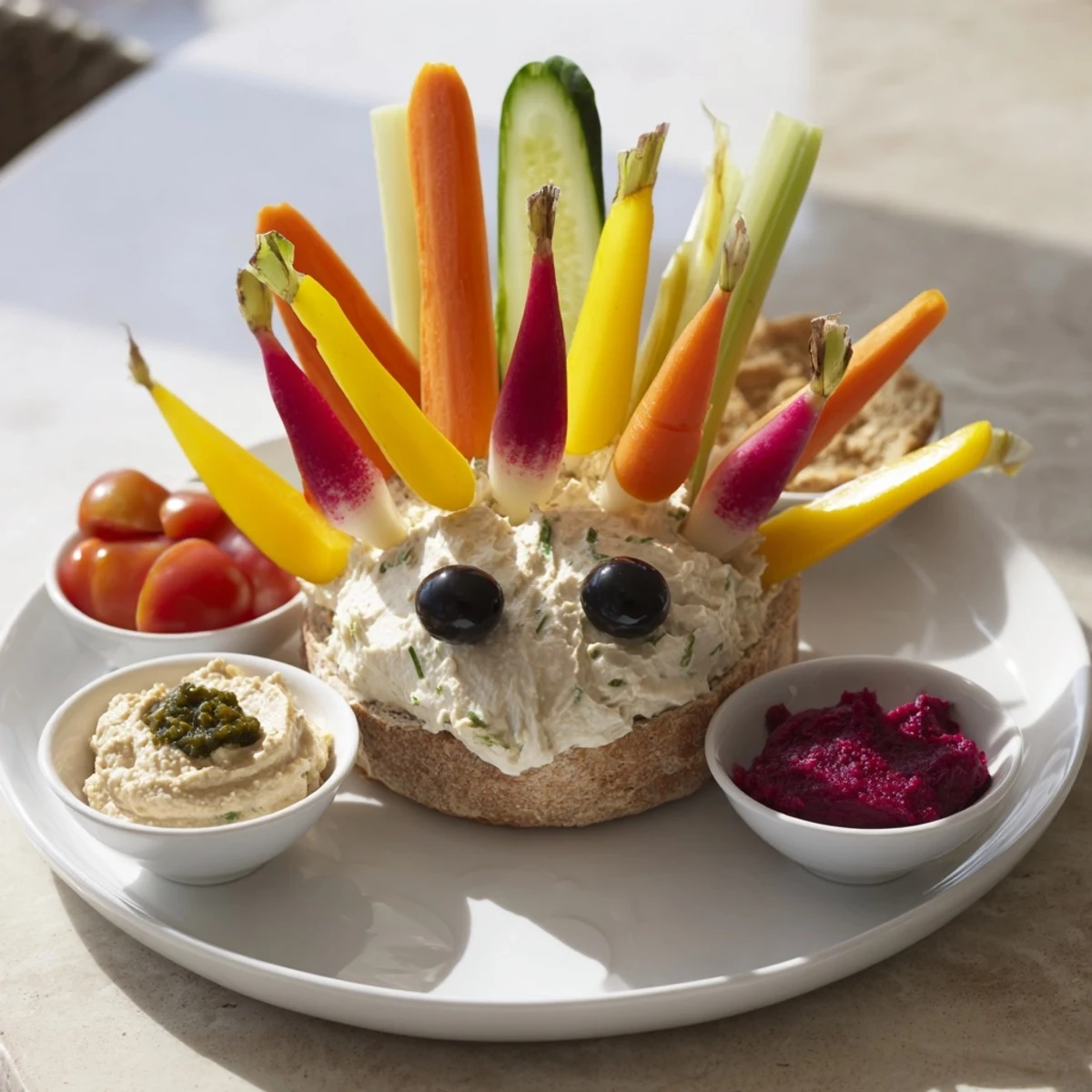Vibrant arrangement of fresh vegetables creates the inviting, delicious Autumn Hedgehog Dip Platter for a crowd.
