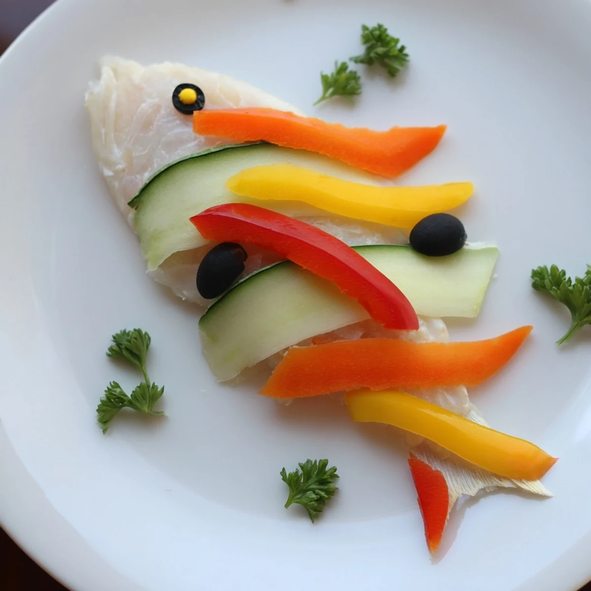 Tender white fish fillet transformed into a delicious Light Fish-Shaped Meal with fresh cucumber and olives.
