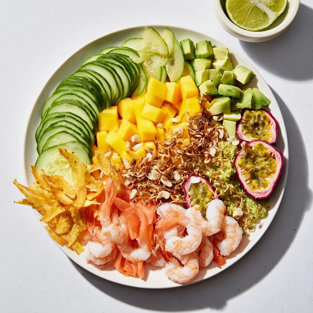 Fresh, vibrant Tropical Wave Tasting Platter featuring shrimp, pineapple, and creamy avocado, perfect for summer.