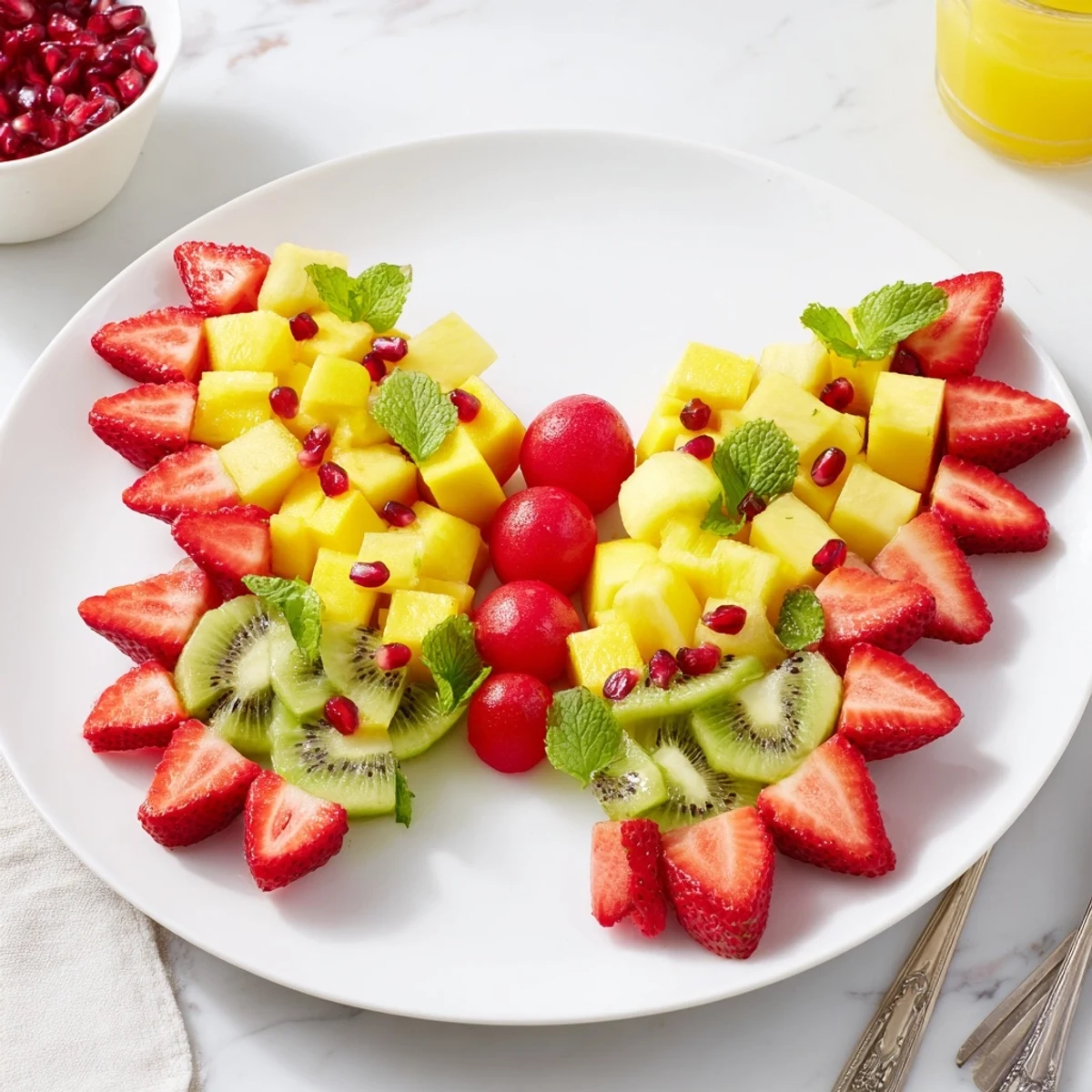 A refreshing close-up of the delicious Papillon de Fruits d'Été Vifs fruit butterfly, drizzled with honey and mint.