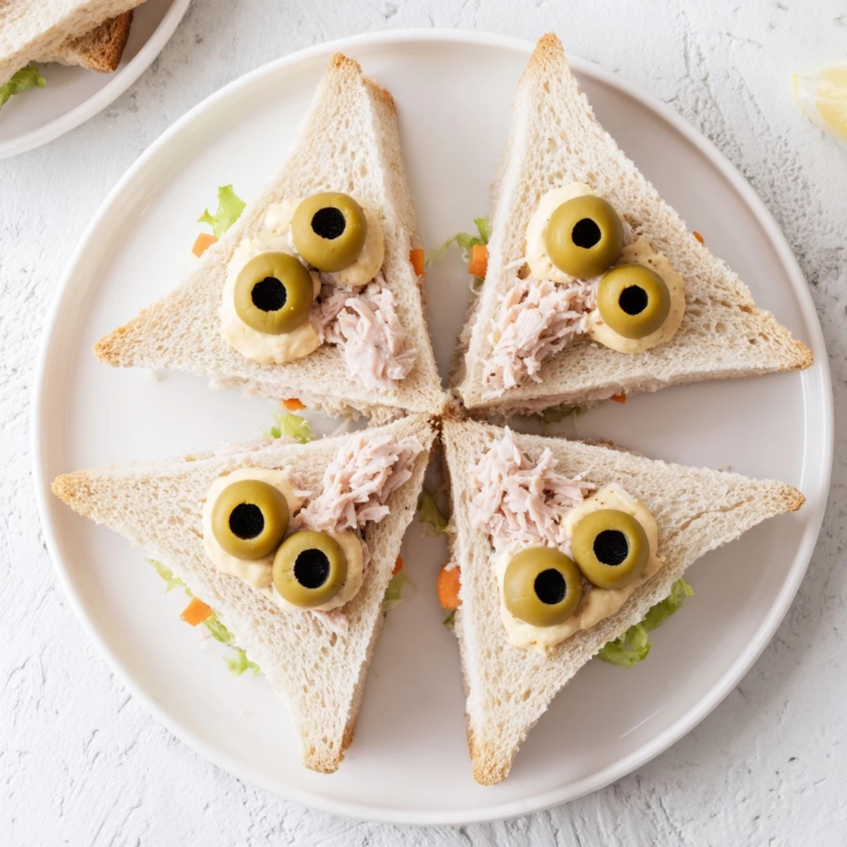 Mini Starfish Sandwiches, ocean-themed appetizers, tuna filling, and olive eyes, ready to eat.