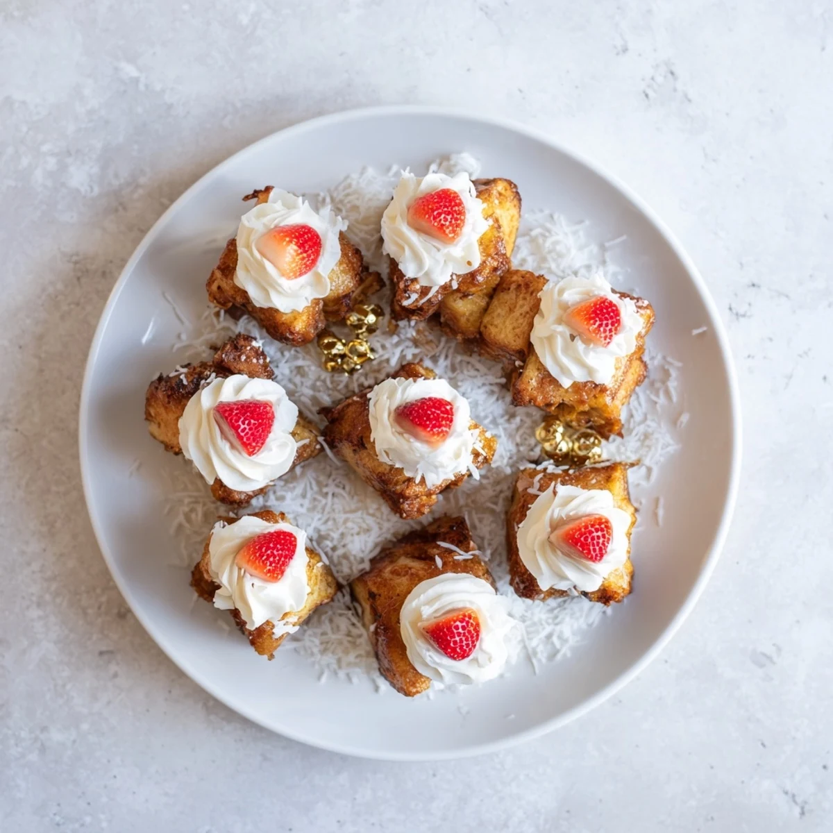 Golden, baked Santa Hat Bread Pudding Bites, topped with fluffy whipped cream and a fresh strawberry.