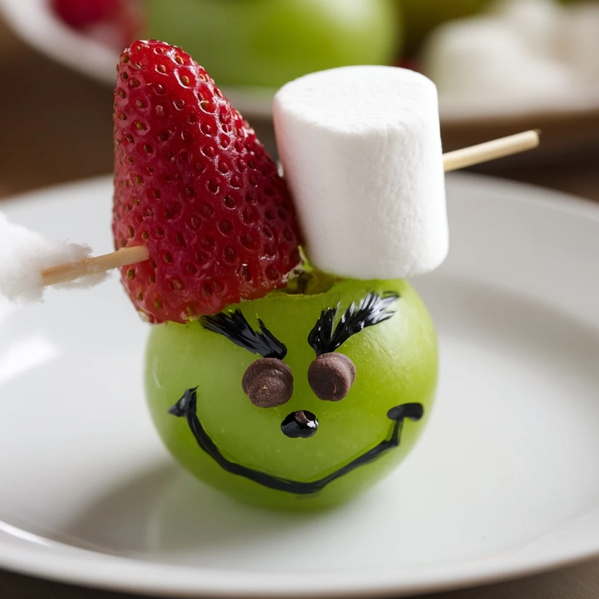 Grinch Snack: Festive green grape Grinch faces showcase juicy grapes, marshmallows, and strawberry hats for fun.